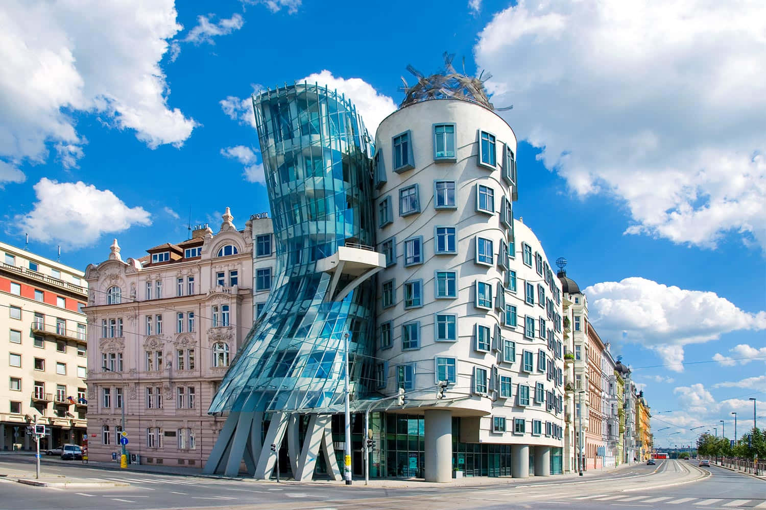 Dancing House, bright blue sky, fluffy clouds, HD Desktop Wallpaper