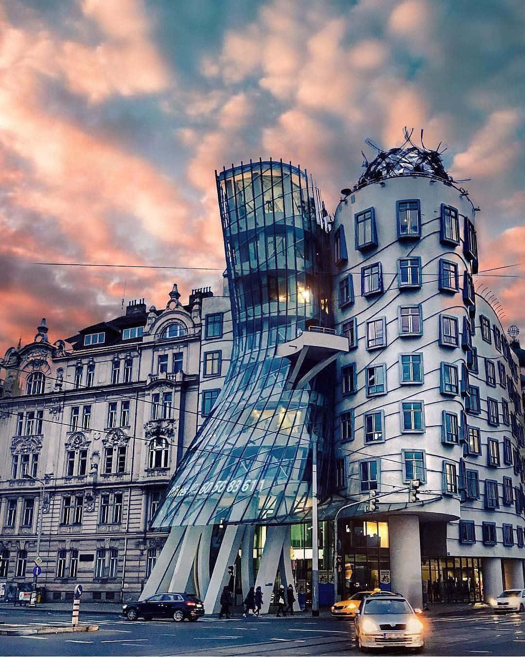 Dancing House, sunset, pink clouds, HD Phone Wallpaper