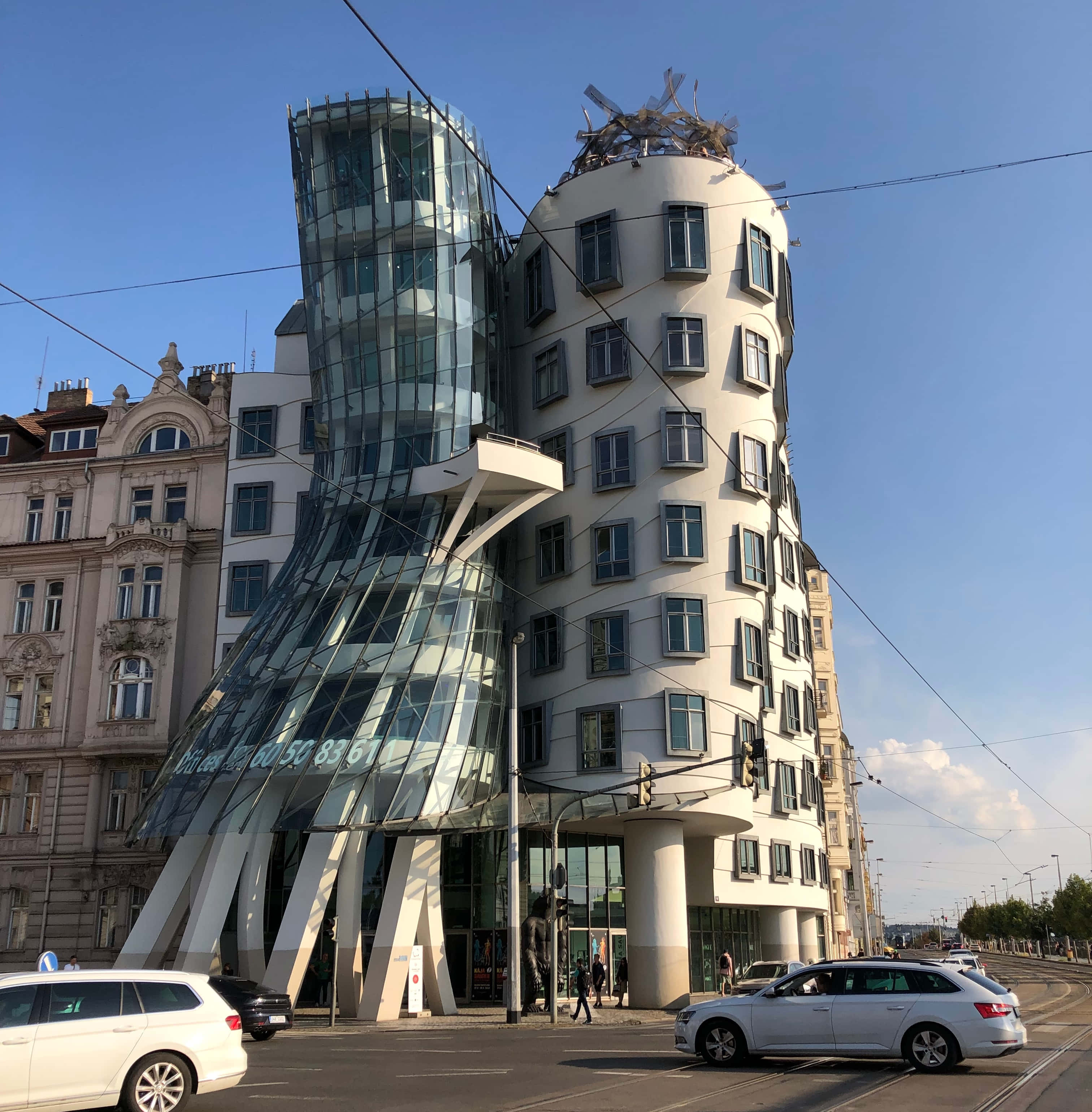 Dancing House, glass, white, 2K Phone Wallpaper