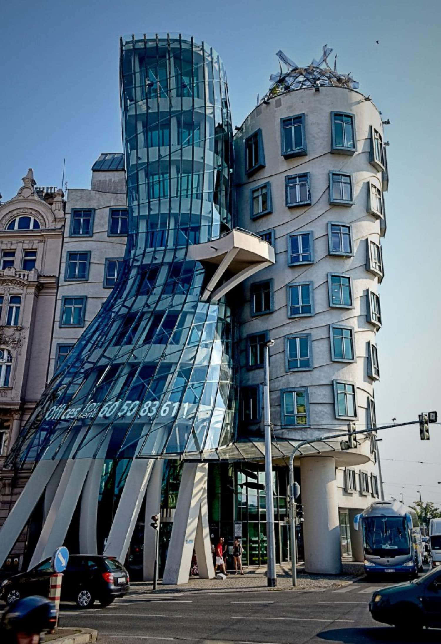 Dancing House, vintage aesthetic filter, modern glass, Full HD Phone Wallpaper