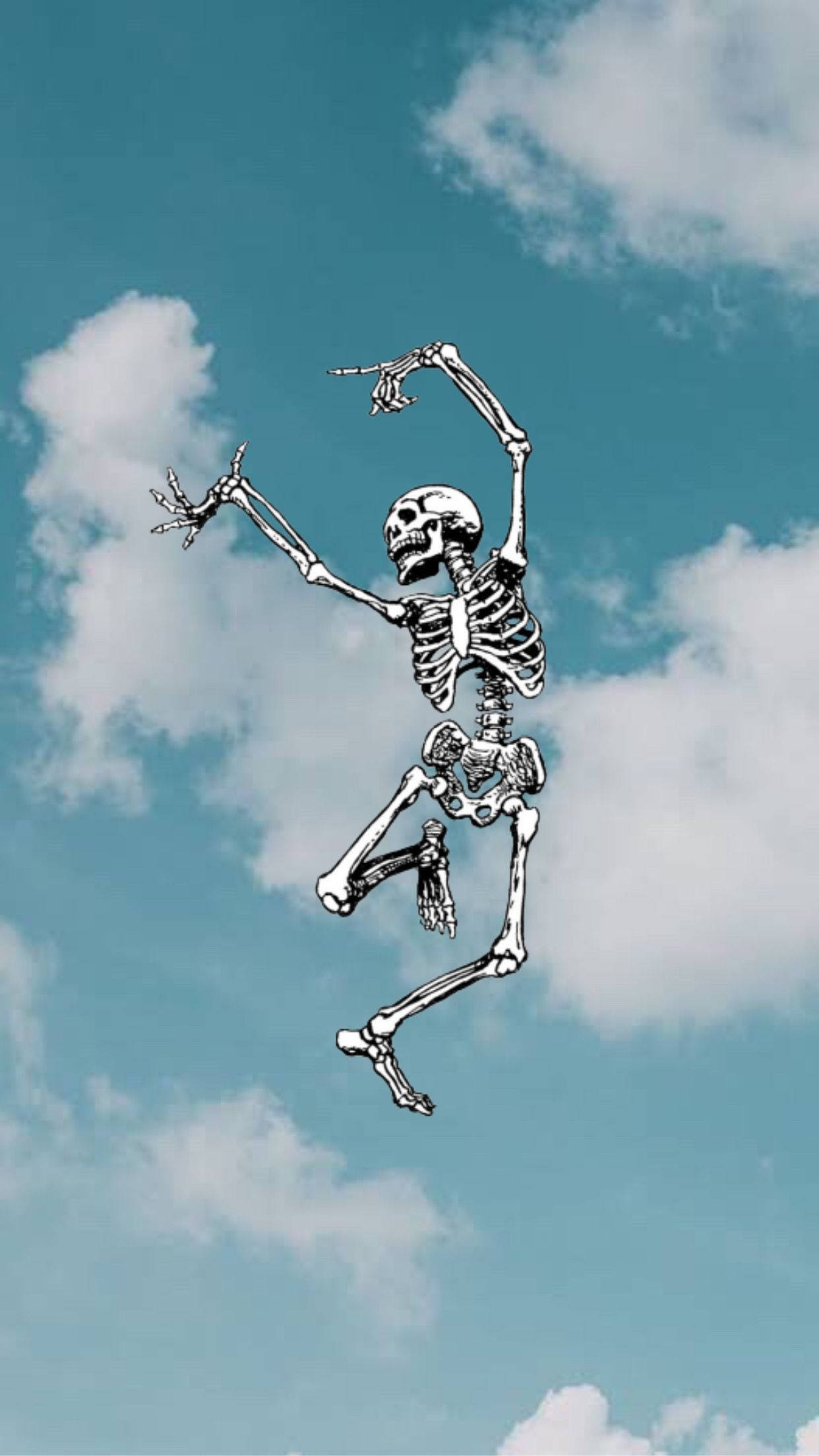 Cute Skeleton, soft blue sky, fluffy white clouds, Full HD Phone Wallpaper