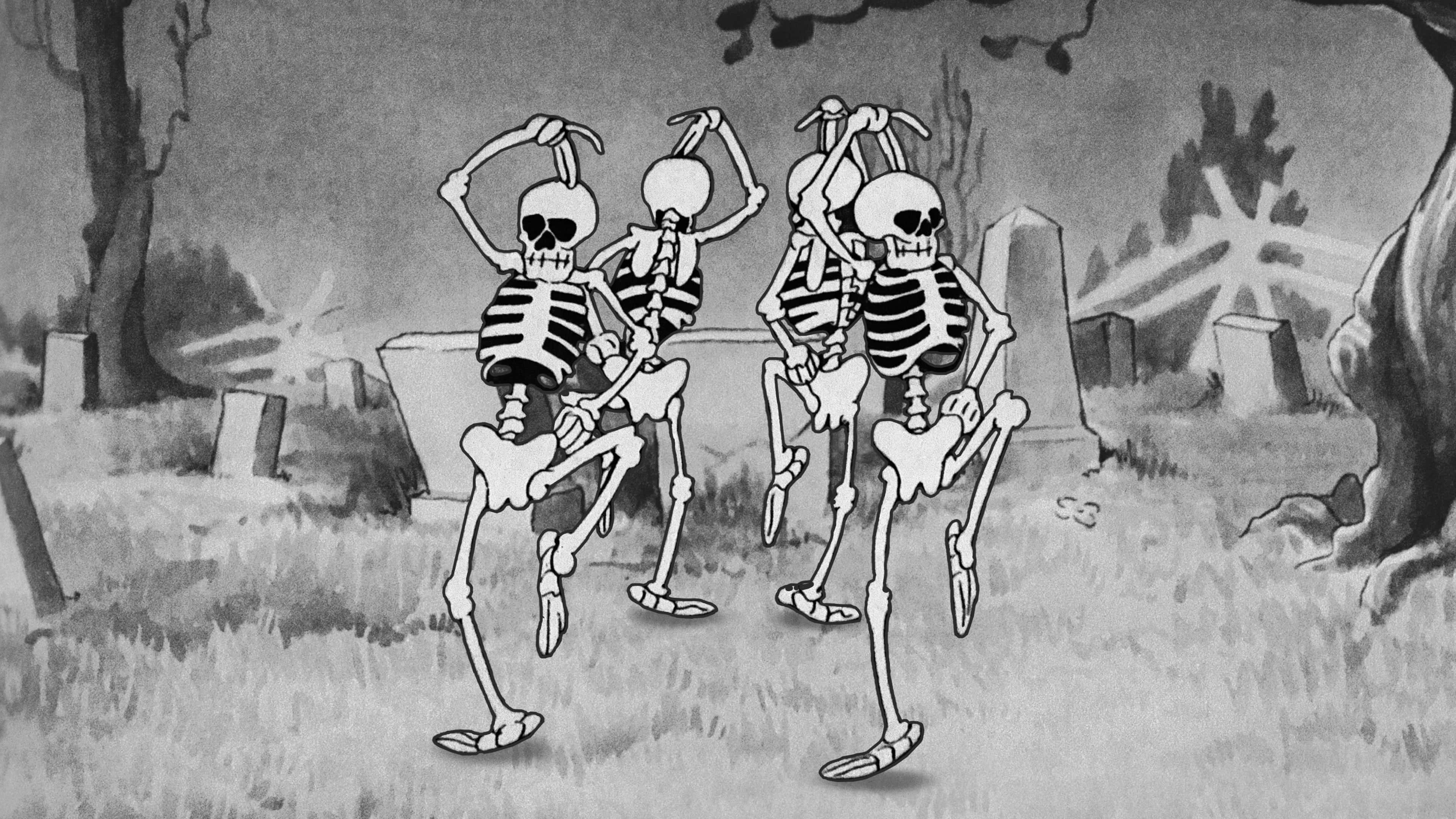 dancing skeletons, vintage animation, spooky graveyard, 4K Desktop Wallpaper