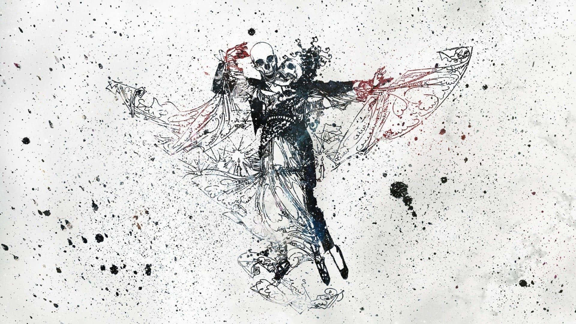 Dancing Skeleton, ornate costumes, splattered white background, Full HD Desktop Wallpaper