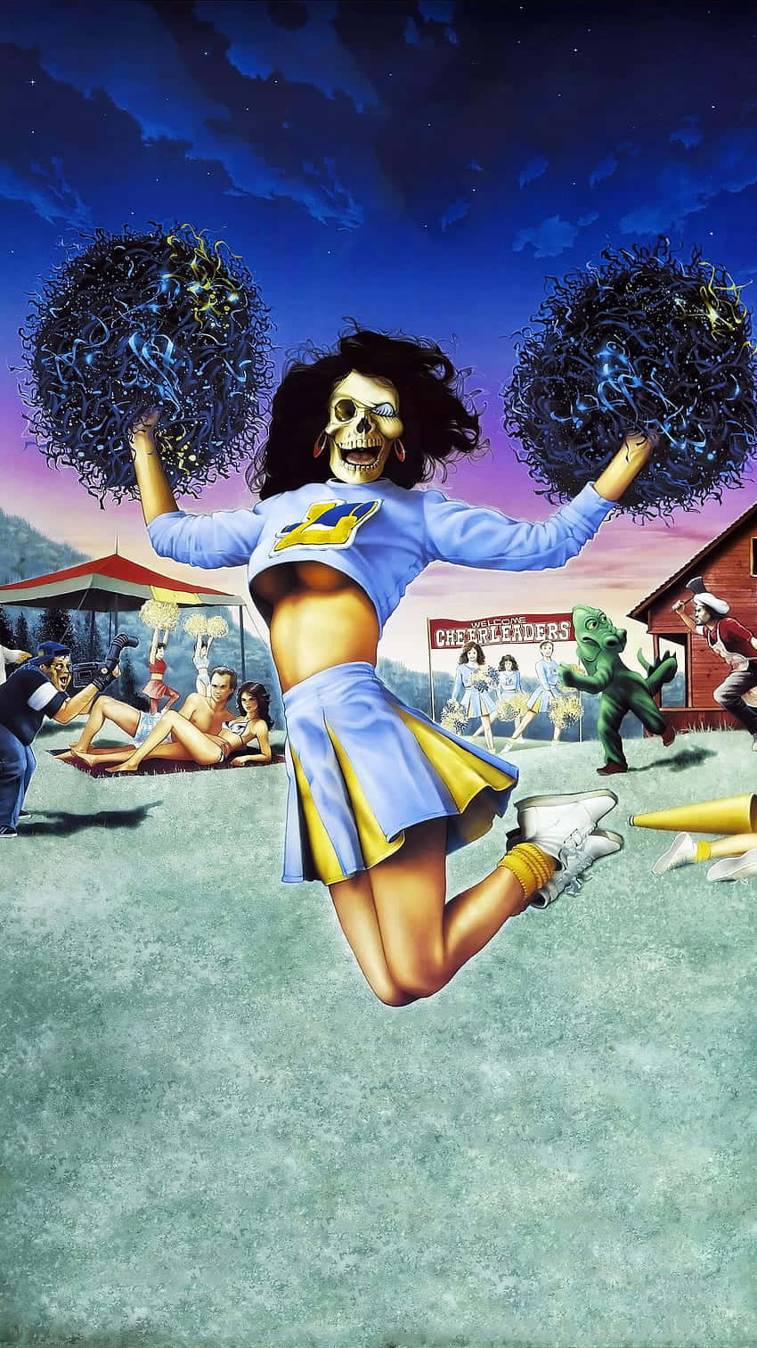 surreal cheerleader skull jump, blue and yellow uniform, glowing pom-poms, HD Phone Wallpaper