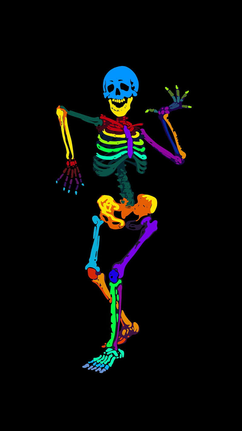 colorful dancing skeleton, neon skeleton, rainbow hues, HD Phone Wallpaper