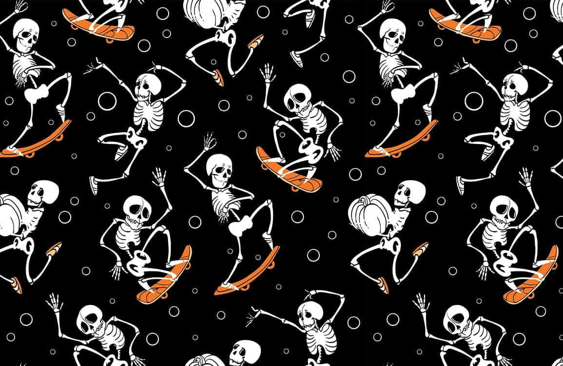 dancing skeletons pattern, white skeletons, orange boards, SD Desktop Wallpaper
