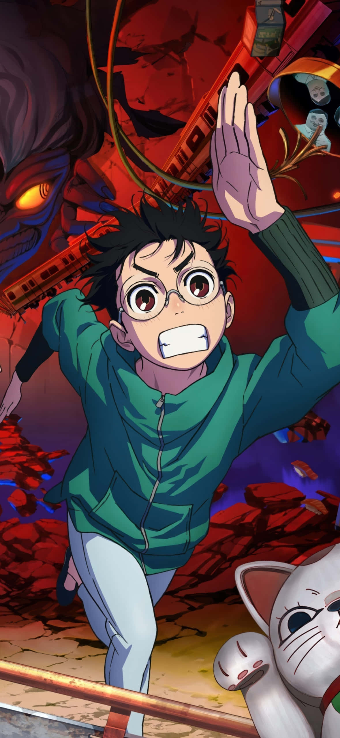 Dandadan, anime action scene, green hoodie, Full HD Phone Wallpaper
