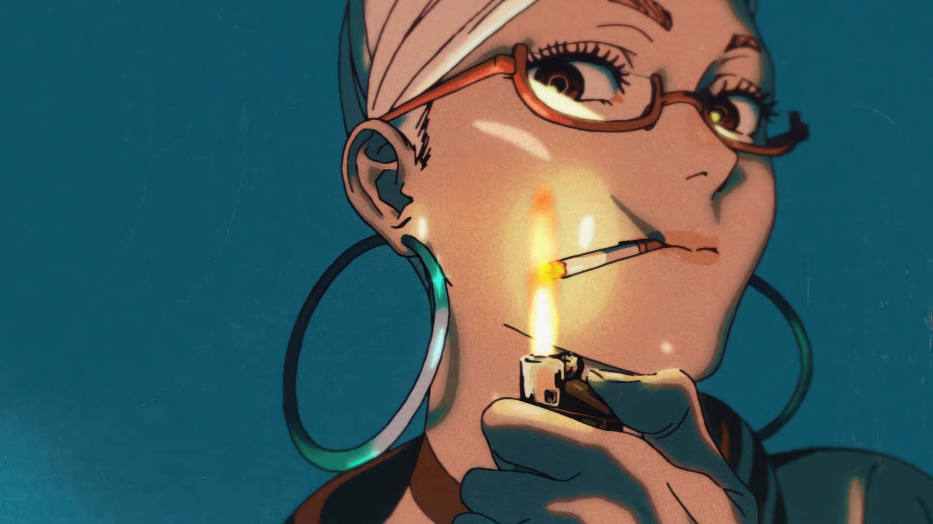 Dandadan, woman with glasses and hoop earrings, cigarette, Full HD Desktop Wallpaper