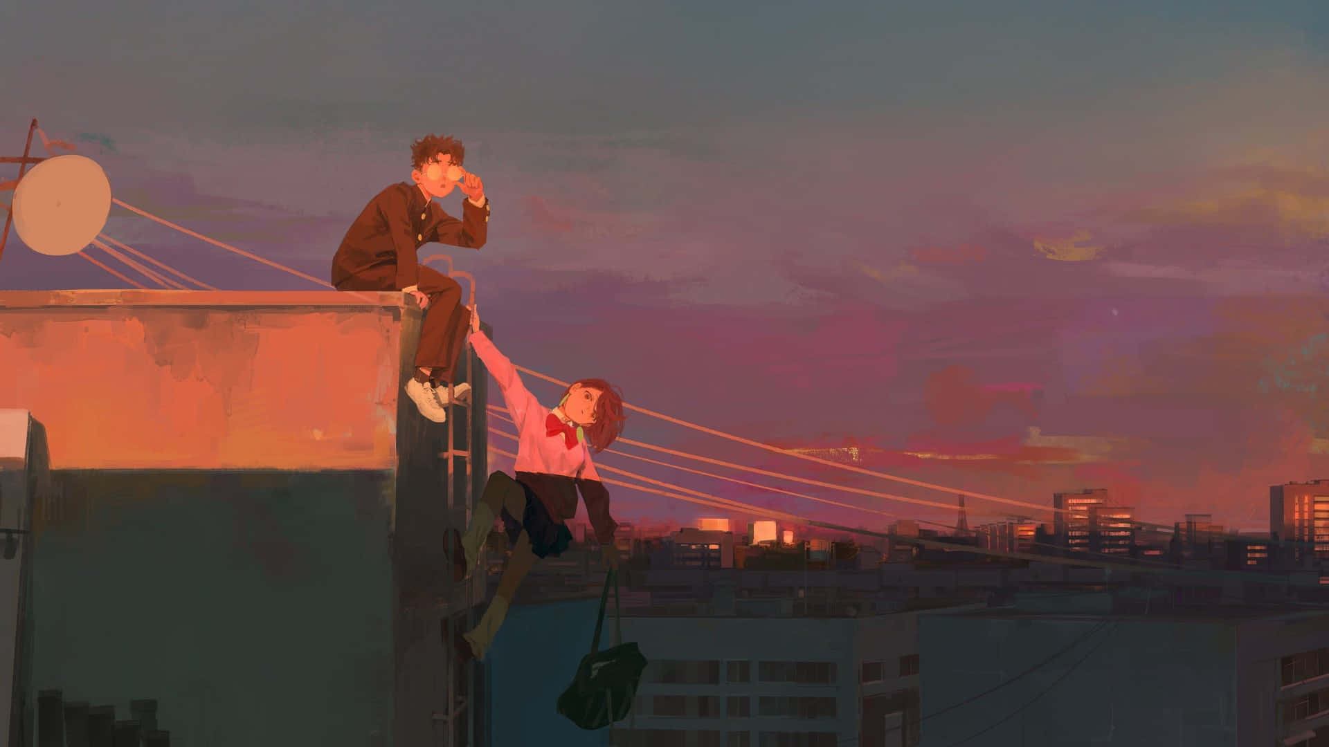 Dandadan, sunset, rooftop, Full HD Desktop Wallpaper