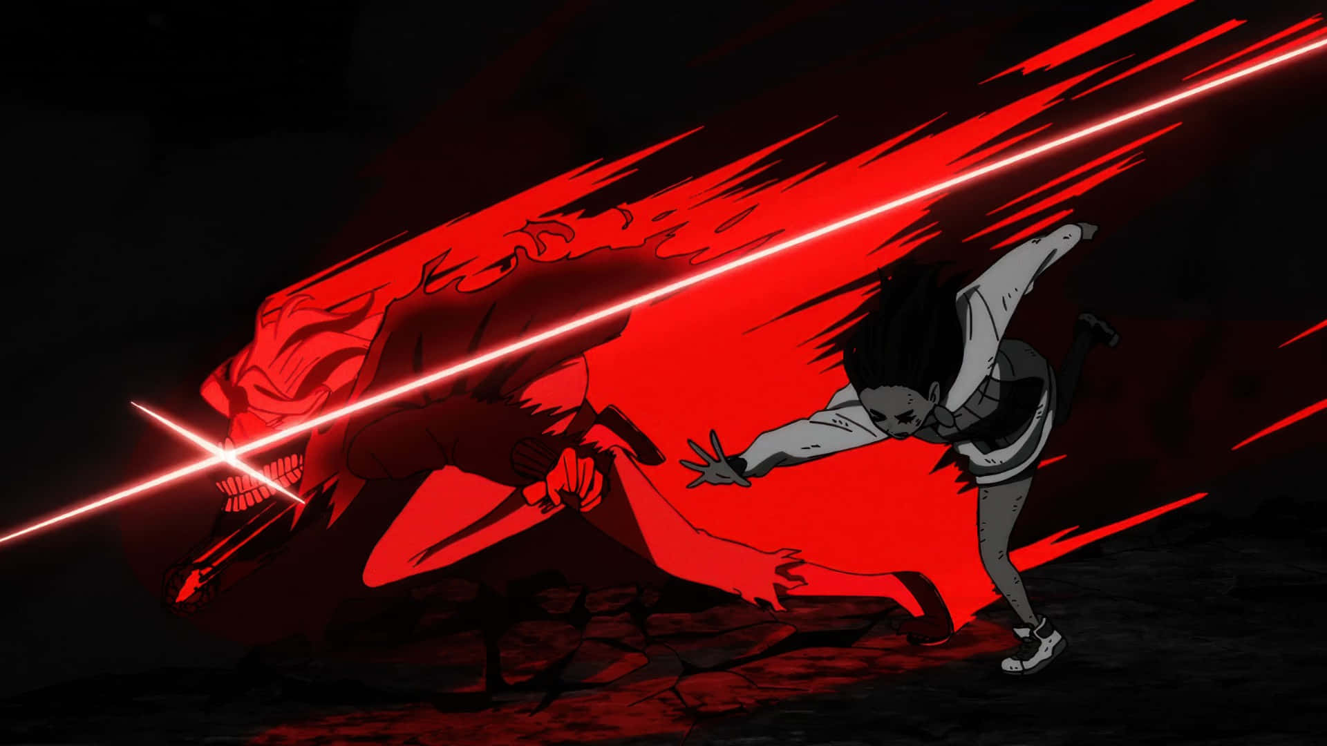 Dandadan, anime warrior, glowing red laser beam, Full HD Desktop Wallpaper