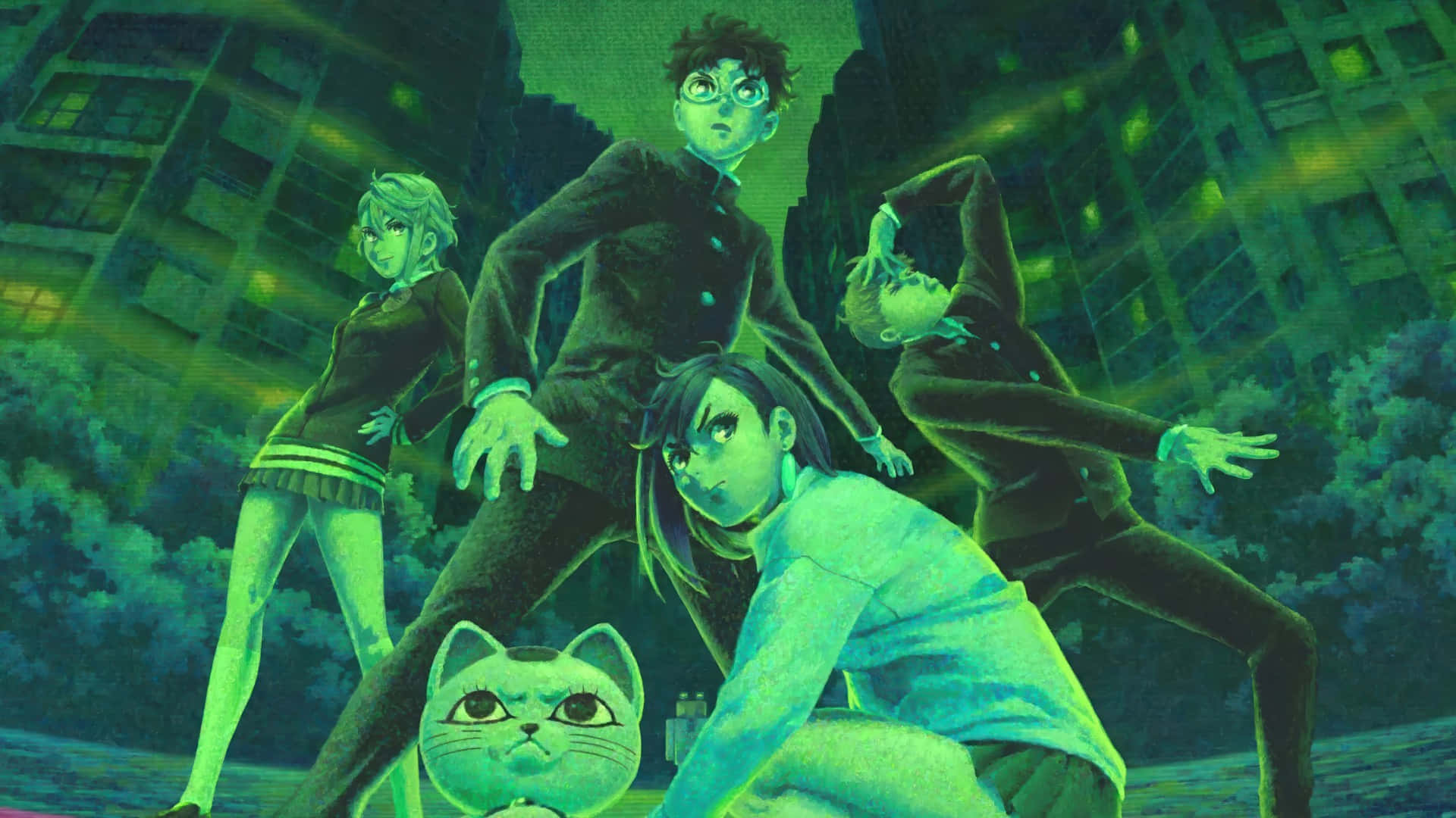 Dandadan, anime characters, neon green, Full HD Desktop Wallpaper
