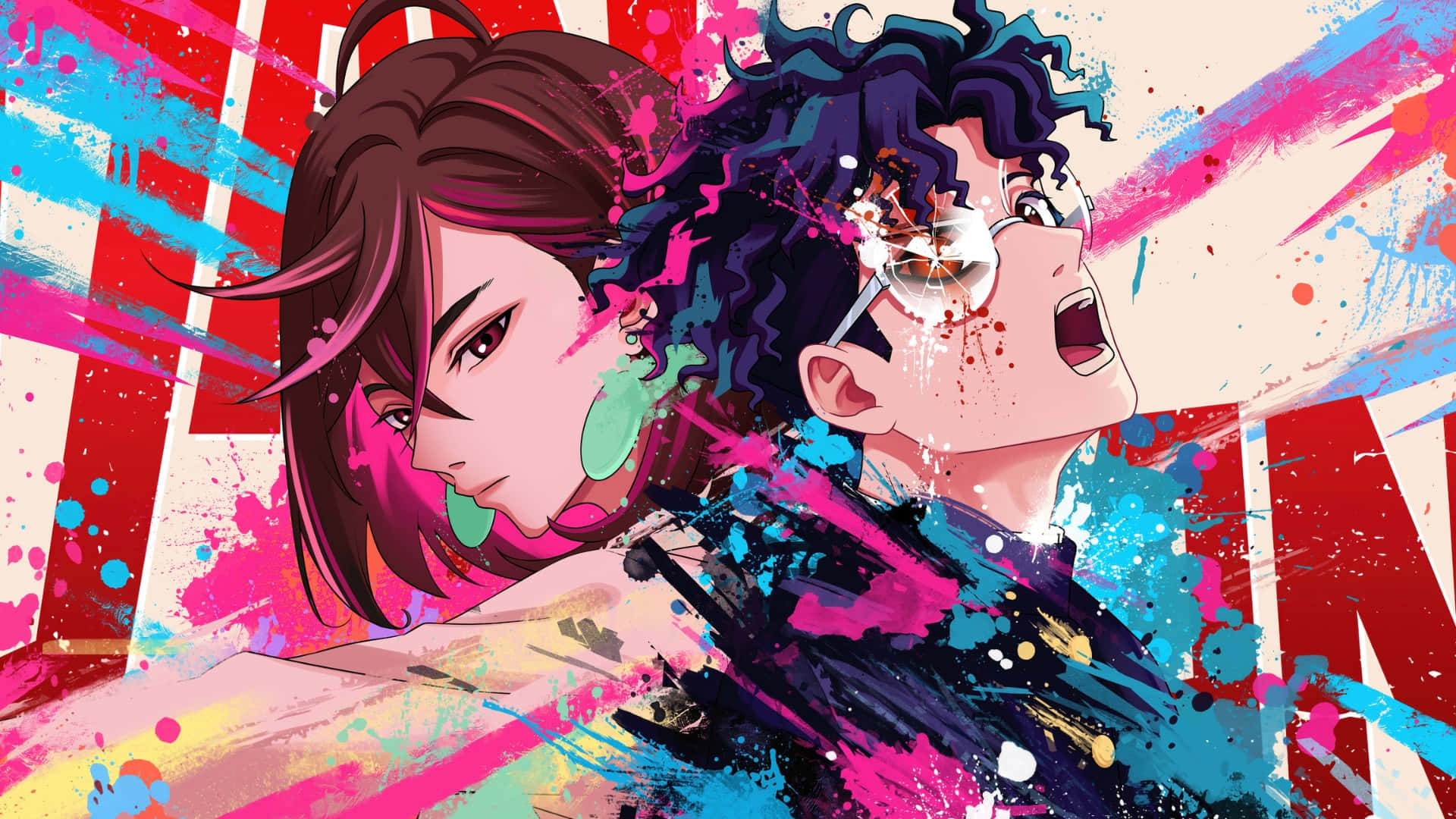 Dandadan, anime action scene, vibrant paint splatters, Full HD Desktop Wallpaper