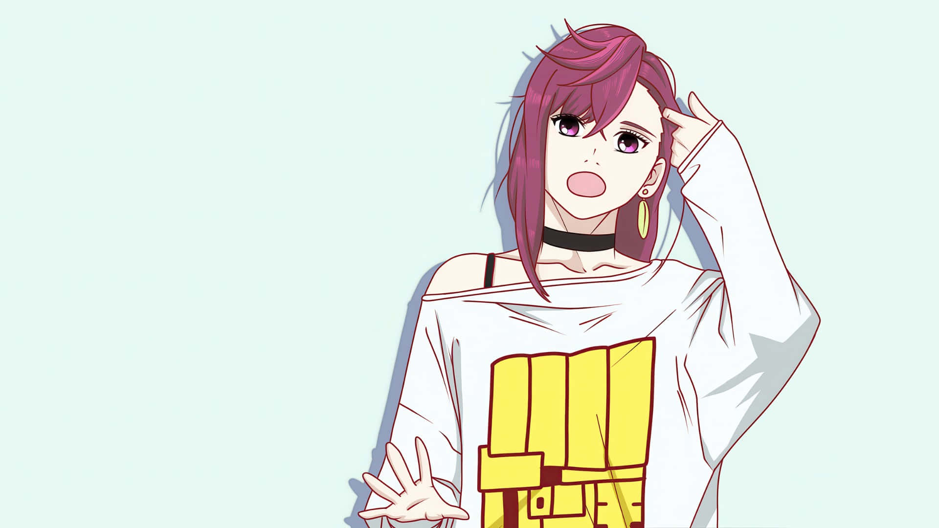 Dandadan, magenta hair, white shirt, Full HD Desktop Wallpaper