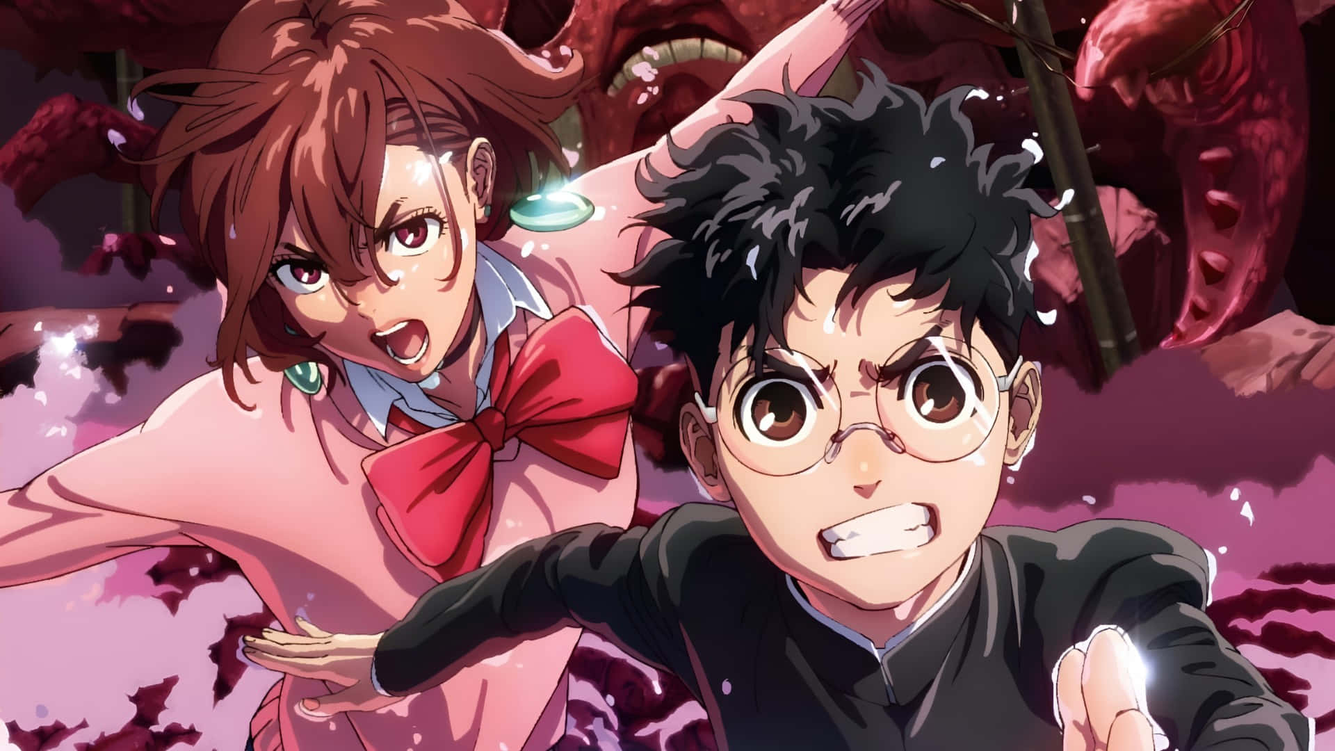 Dandadan, anime action scene, school uniforms, Full HD Desktop Wallpaper