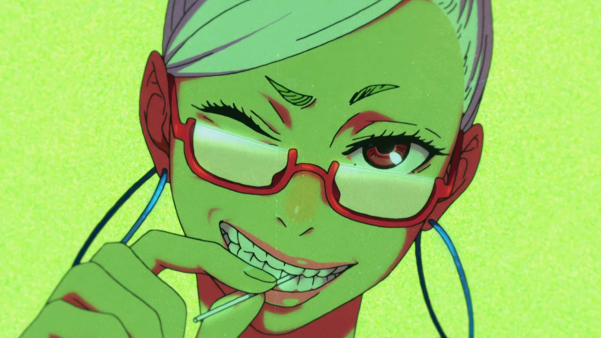 Dandadan, green-skinned anime girl, red glasses, Full HD Desktop Wallpaper