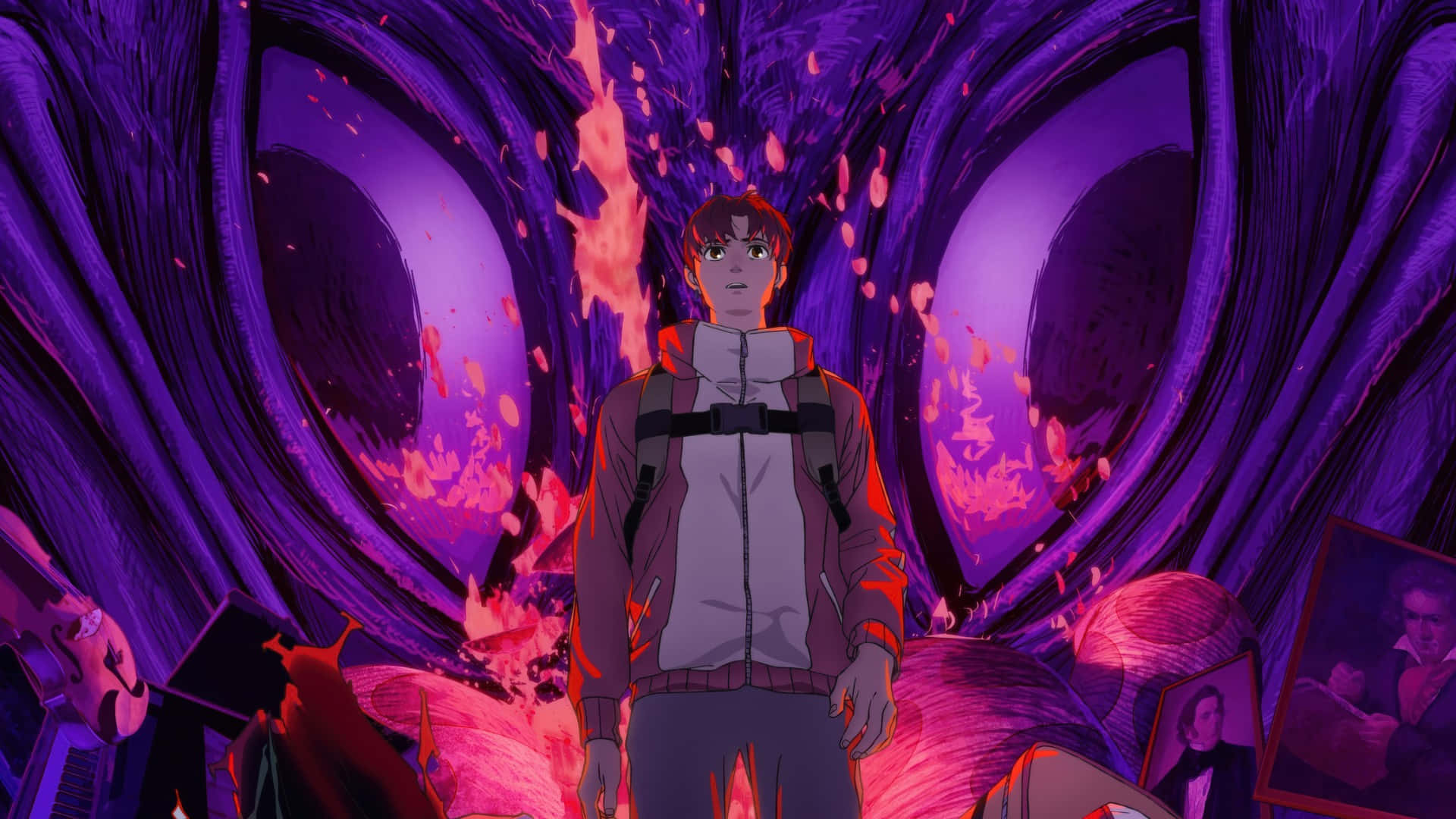 Dandadan, red jacket, glowing purple eyes, Full HD Desktop Wallpaper