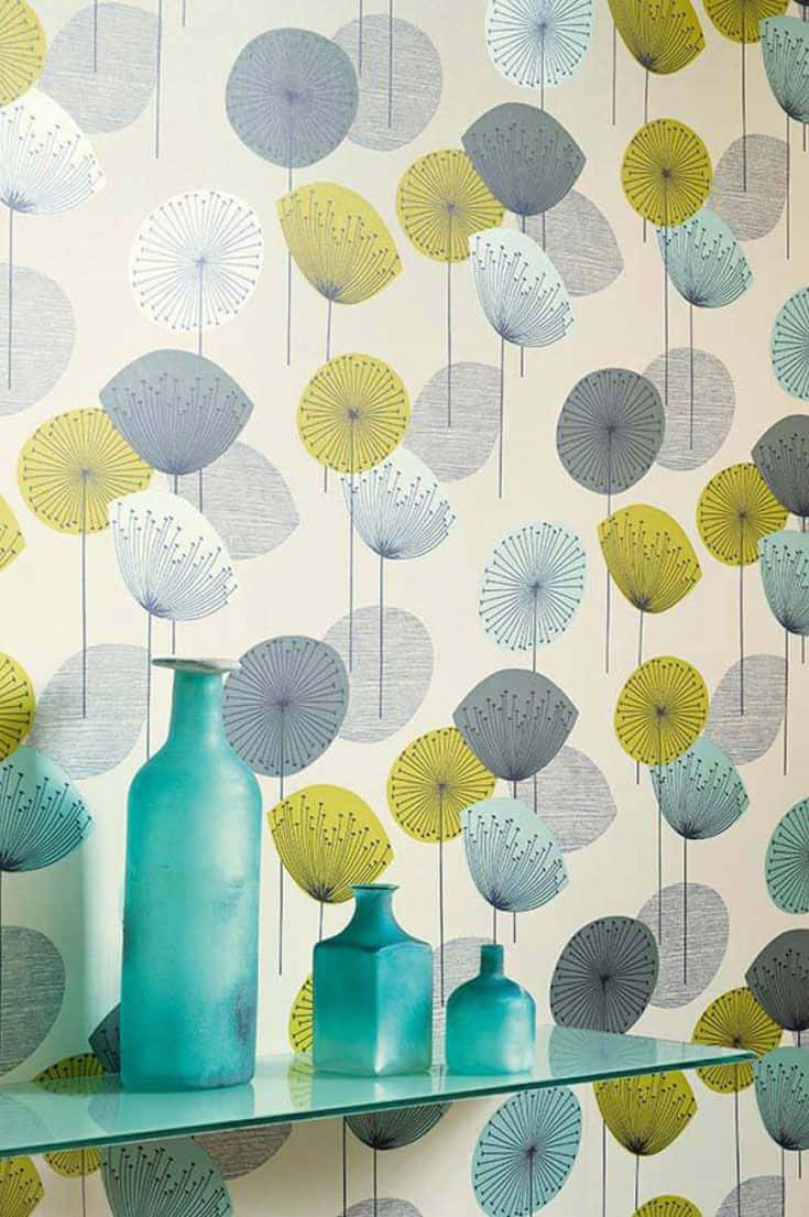 Inherent Dandelion Clocks Chaffinch, turquoise vases, yellow and gray fan-shaped motifs, SD Phone Wallpaper