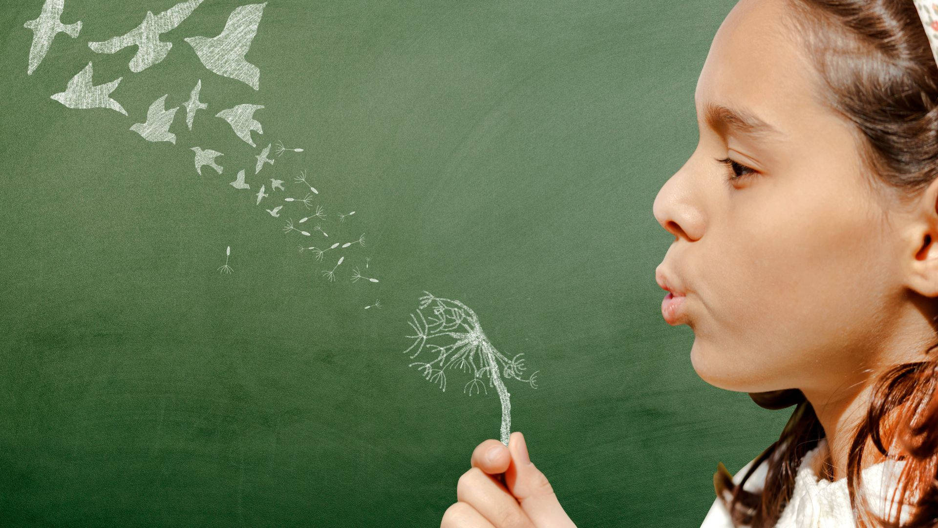 chalkboard, dandelion, young girl, Full HD Desktop Wallpaper