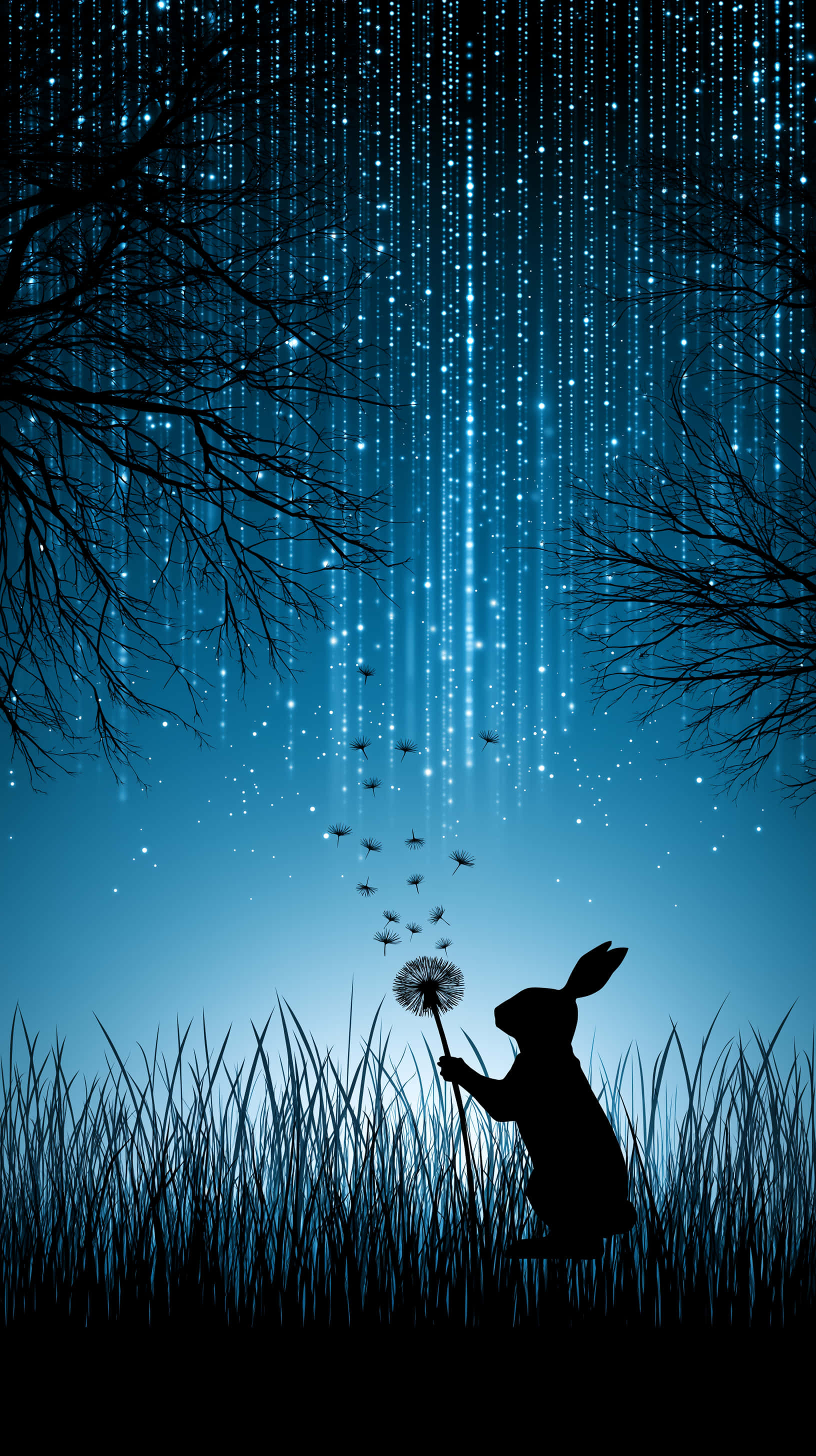 rabbit silhouette, dandelion, glowing blue particles, 2K Phone Wallpaper