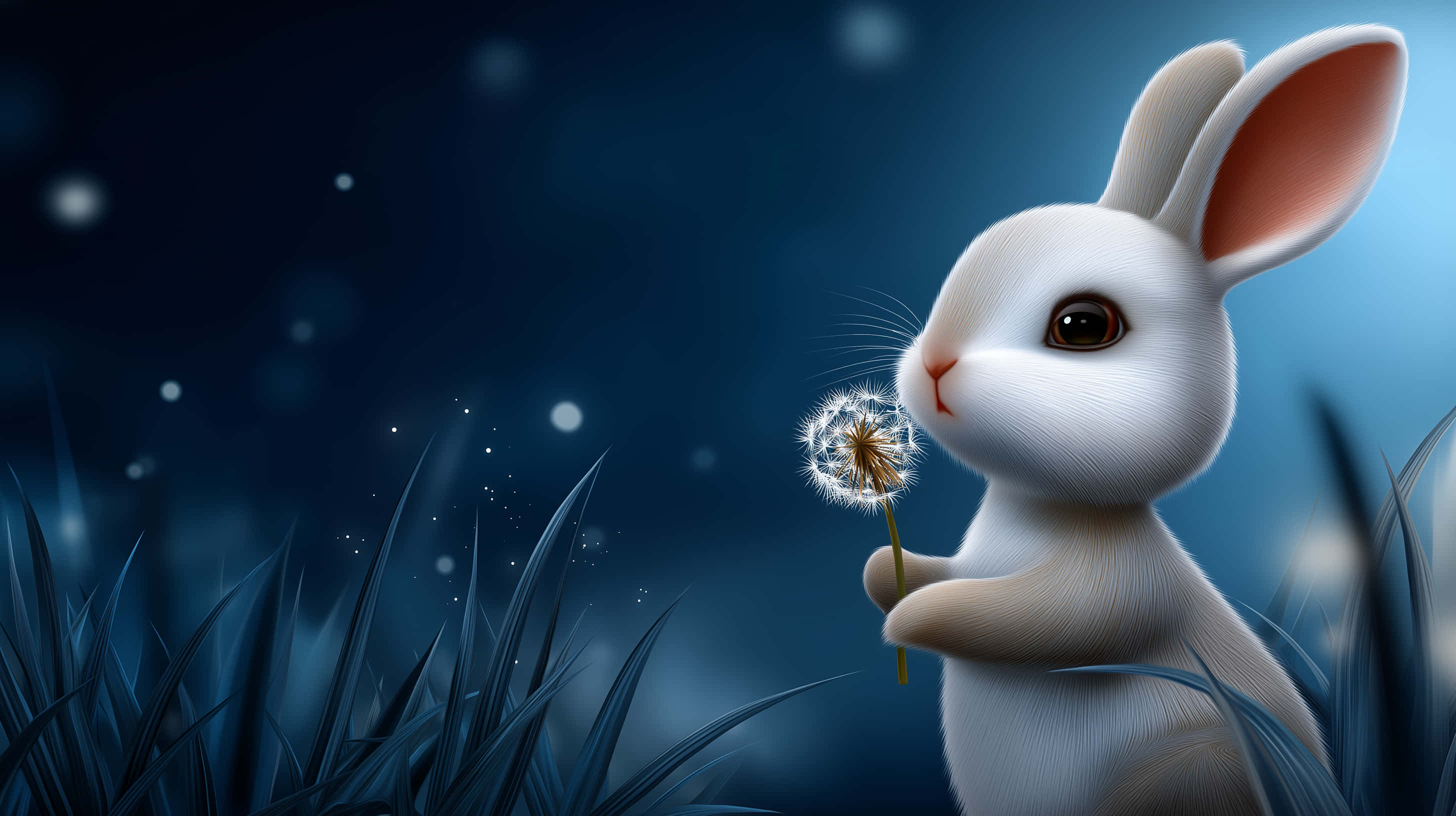 white rabbit, dandelion puffball, starry night sky, 2K Desktop Wallpaper
