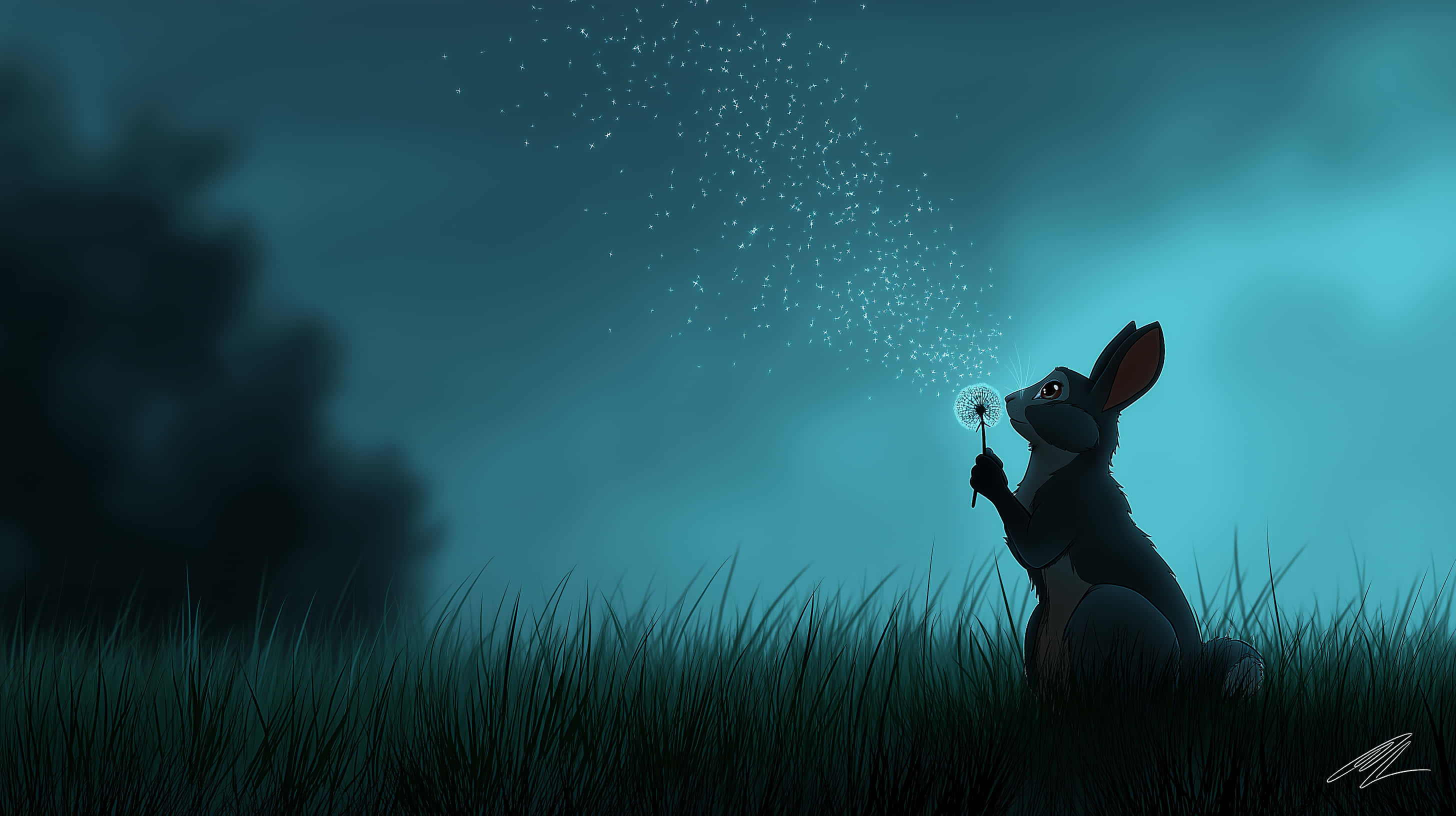 black rabbit, tall grass, dandelion seeds, 2K Desktop Wallpaper