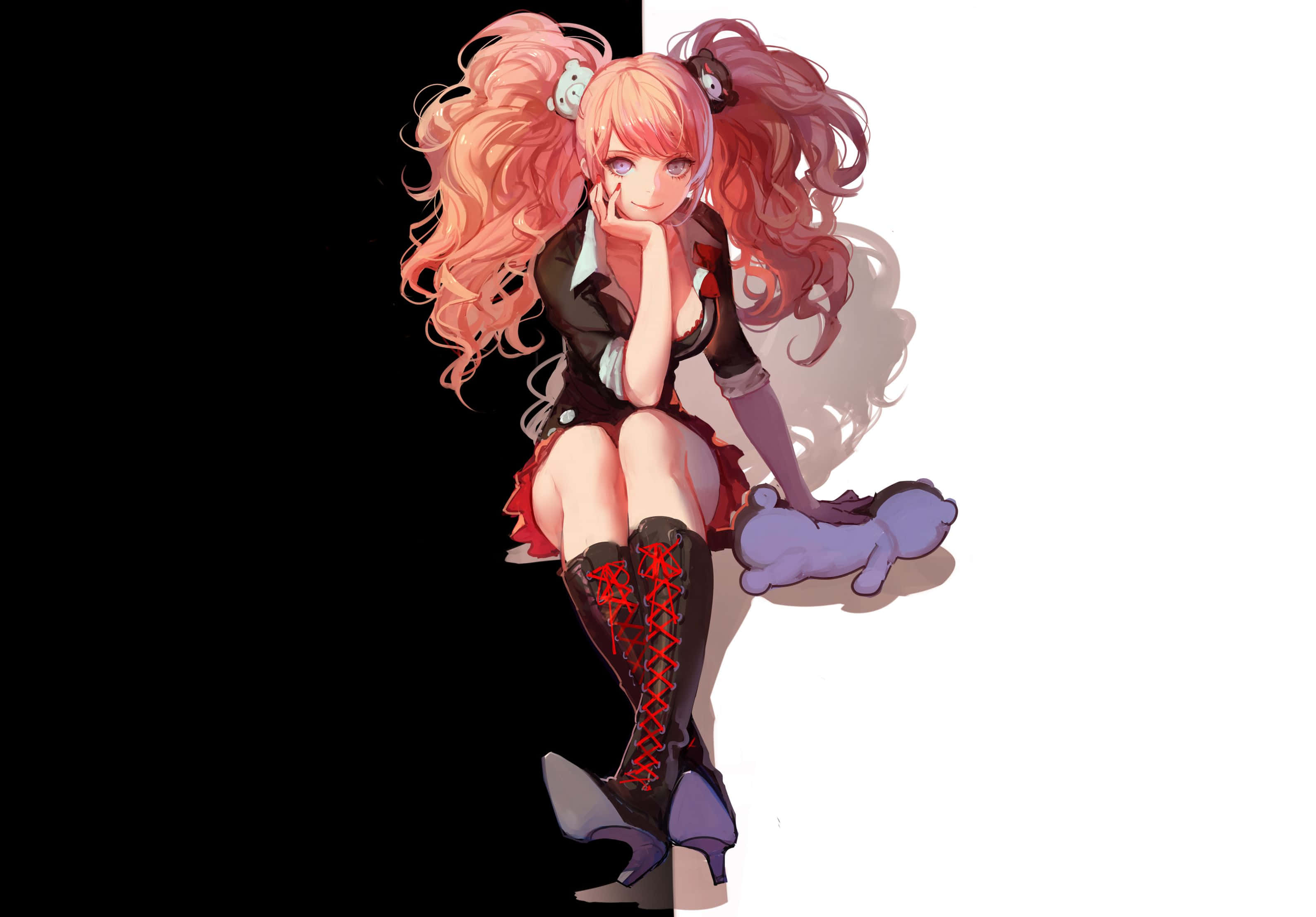 Danganronpa, pink pigtails, stark black and white background, 2K Desktop Wallpaper