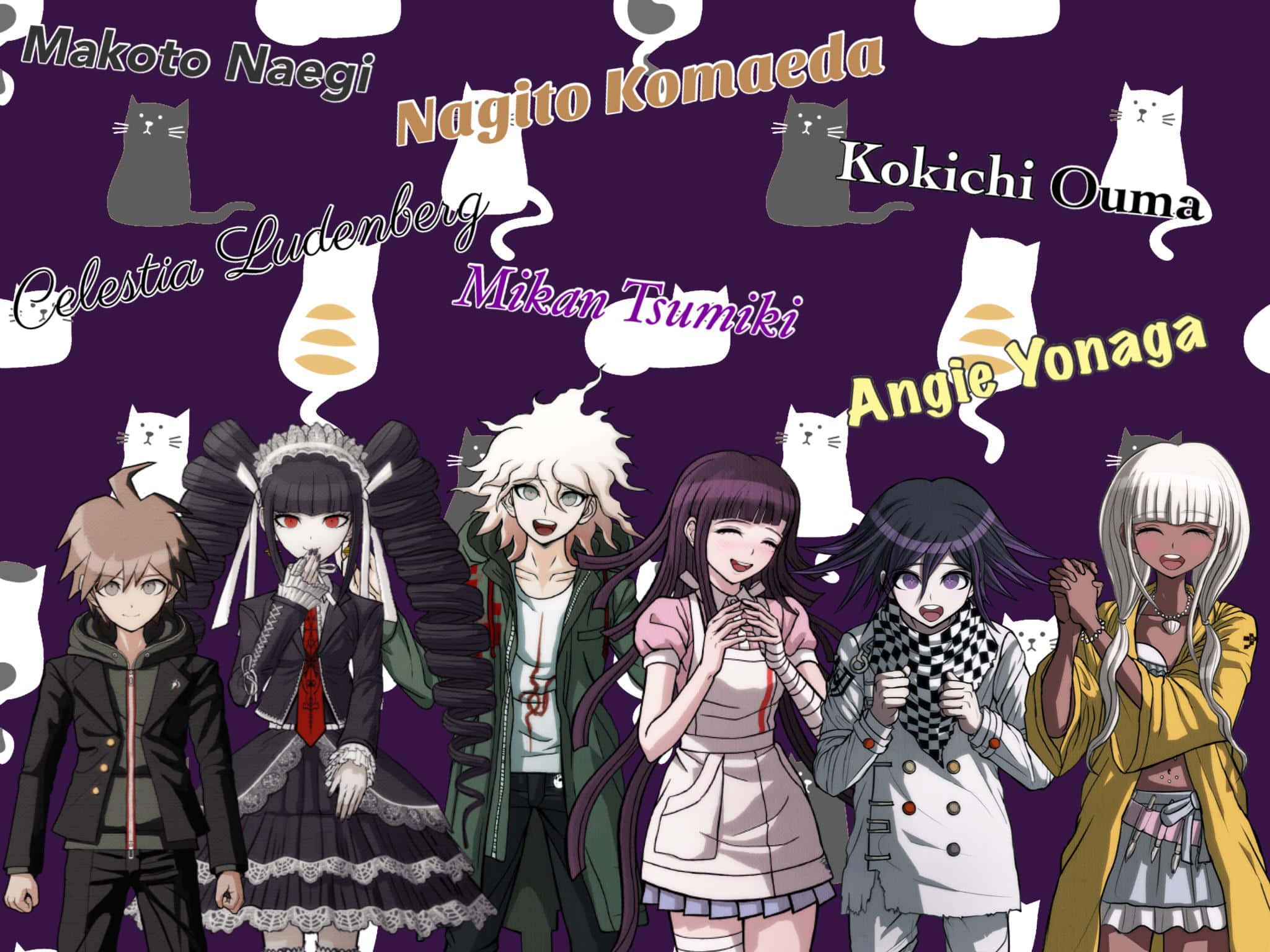 Danganronpa, anime characters, cat-themed speech bubbles, Full HD Desktop Wallpaper