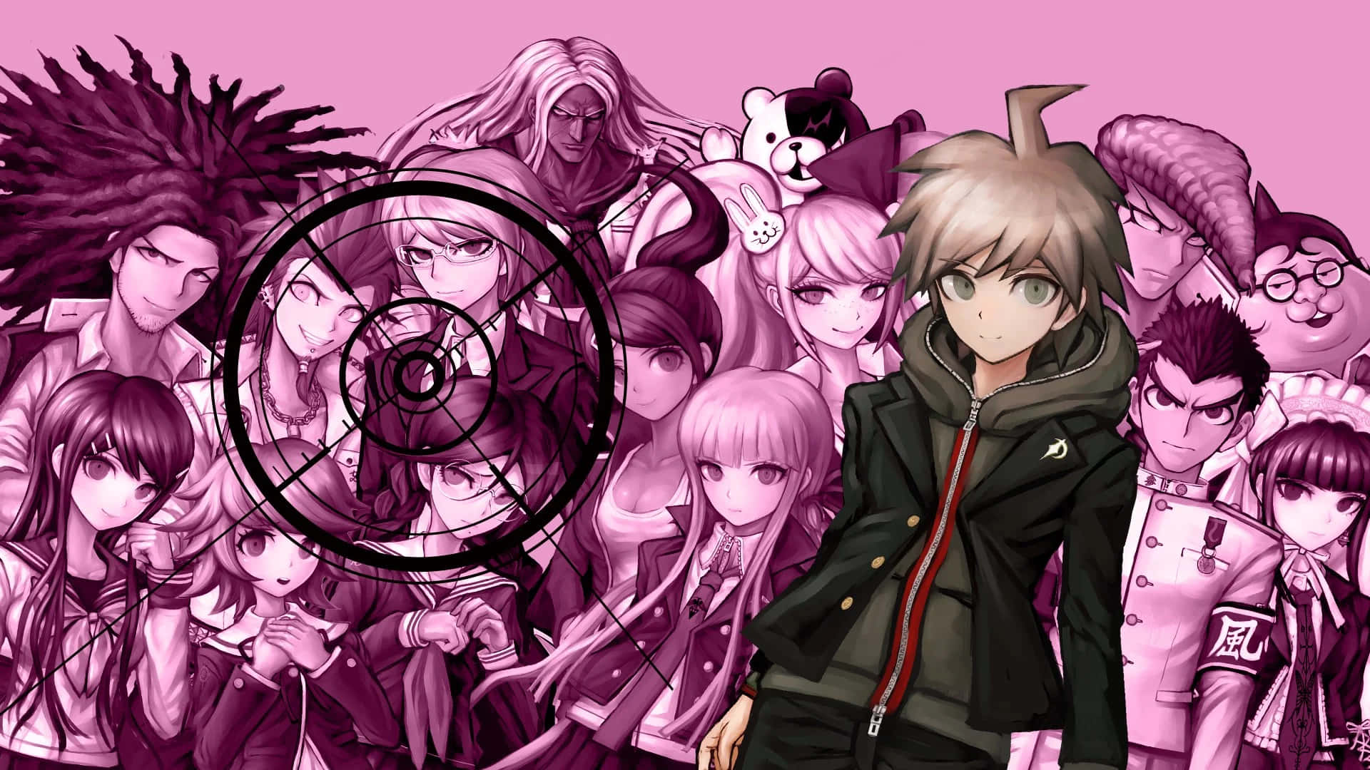Danganronpa 1, black jacket, pink background, Full HD Desktop Wallpaper