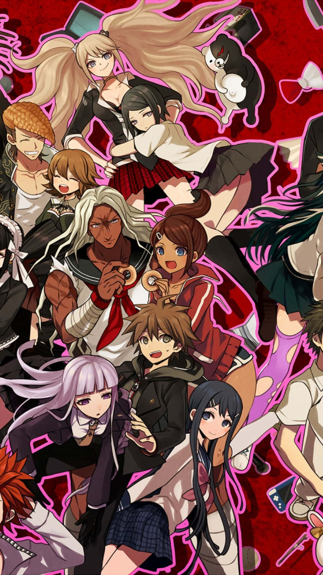 Danganronpa, Danganronpa Characters Collage, pink outlines, Full HD Phone Wallpaper