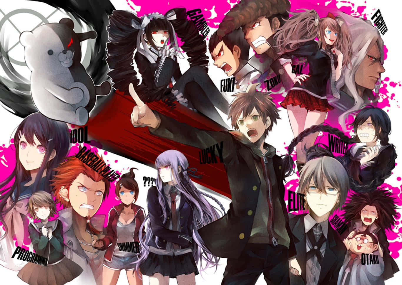 Danganronpa, Danganronpa Character Collage, pink splatter background, HD Desktop Wallpaper