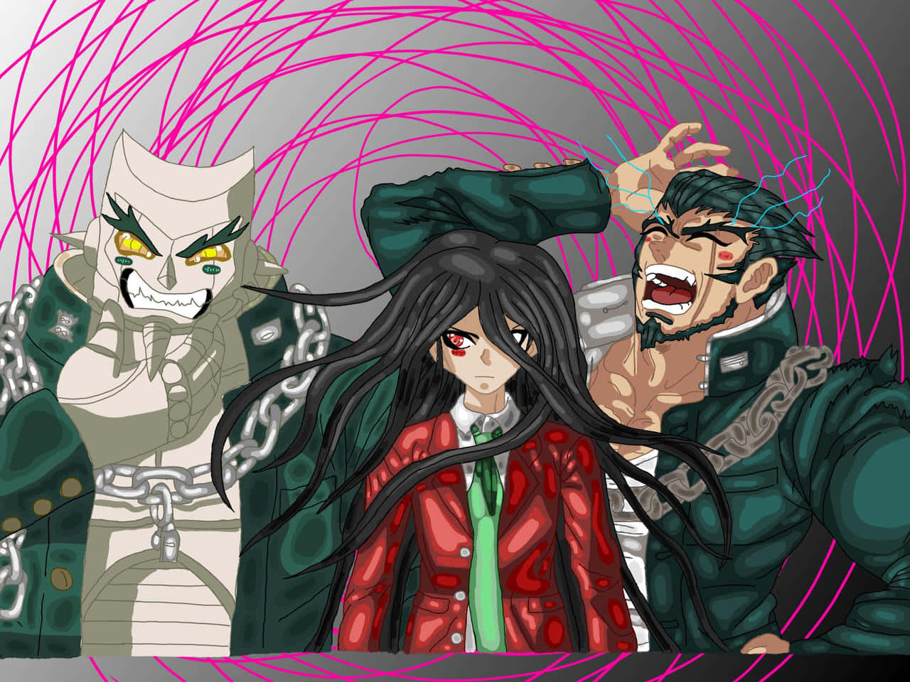 Danganronpa, trio of might and mystery, dark green uniforms, HD Desktop Wallpaper