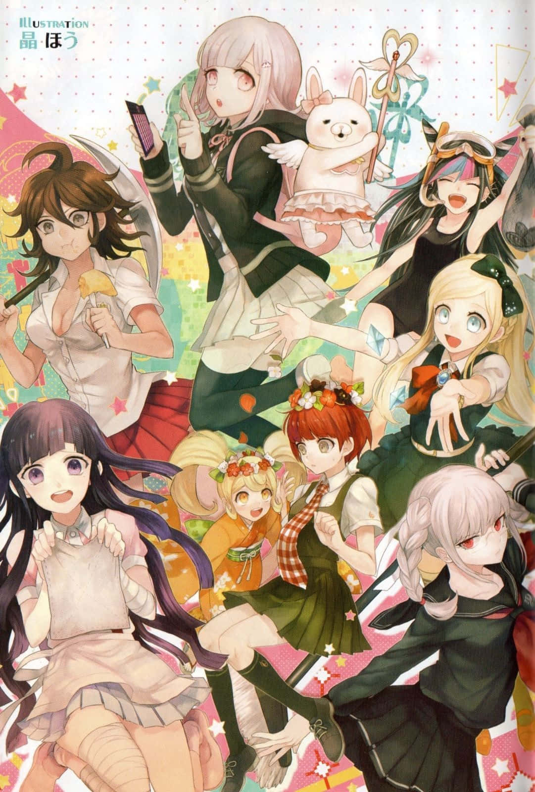 Danganronpa 2 Goodbye Despair, female characters, starry background, HD Phone Wallpaper