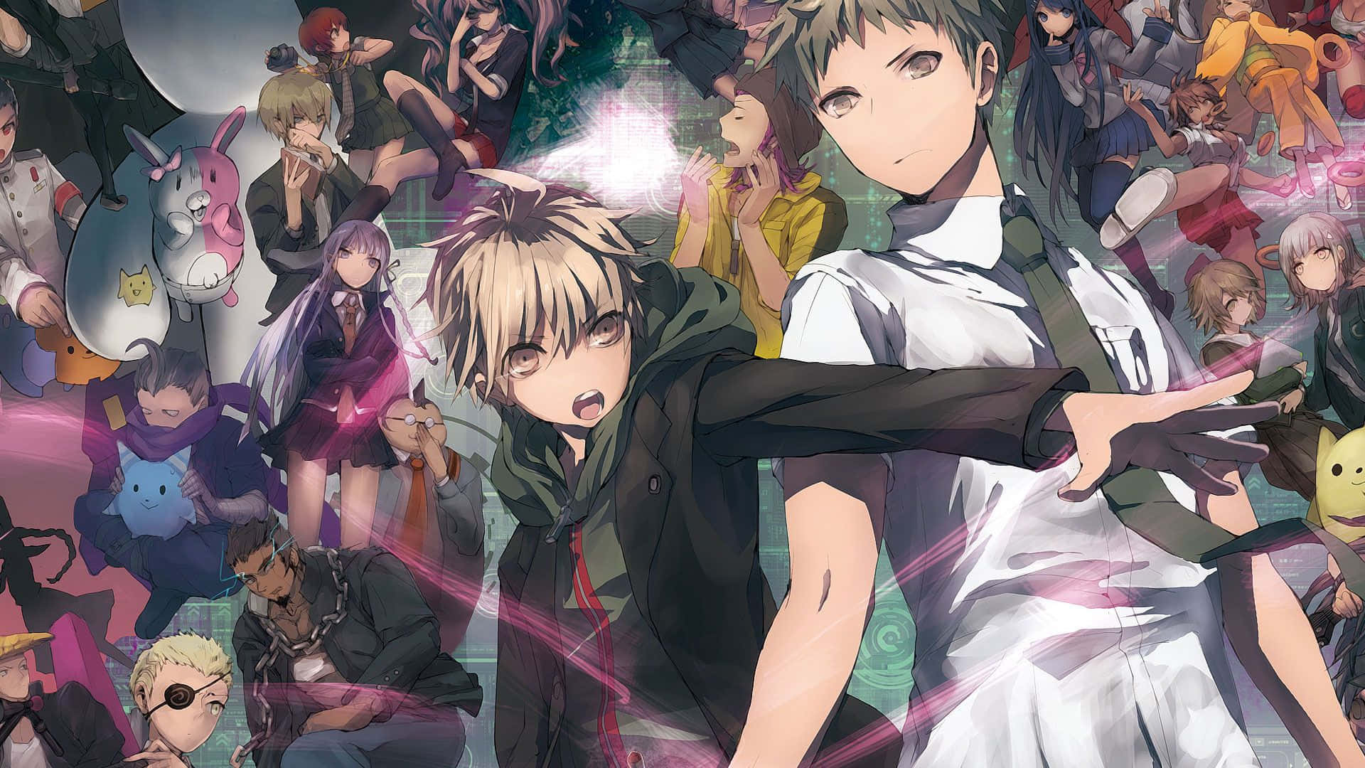 Danganronpa 2 Goodbye Despair, school uniforms, glowing pink energy, Full HD Desktop Wallpaper