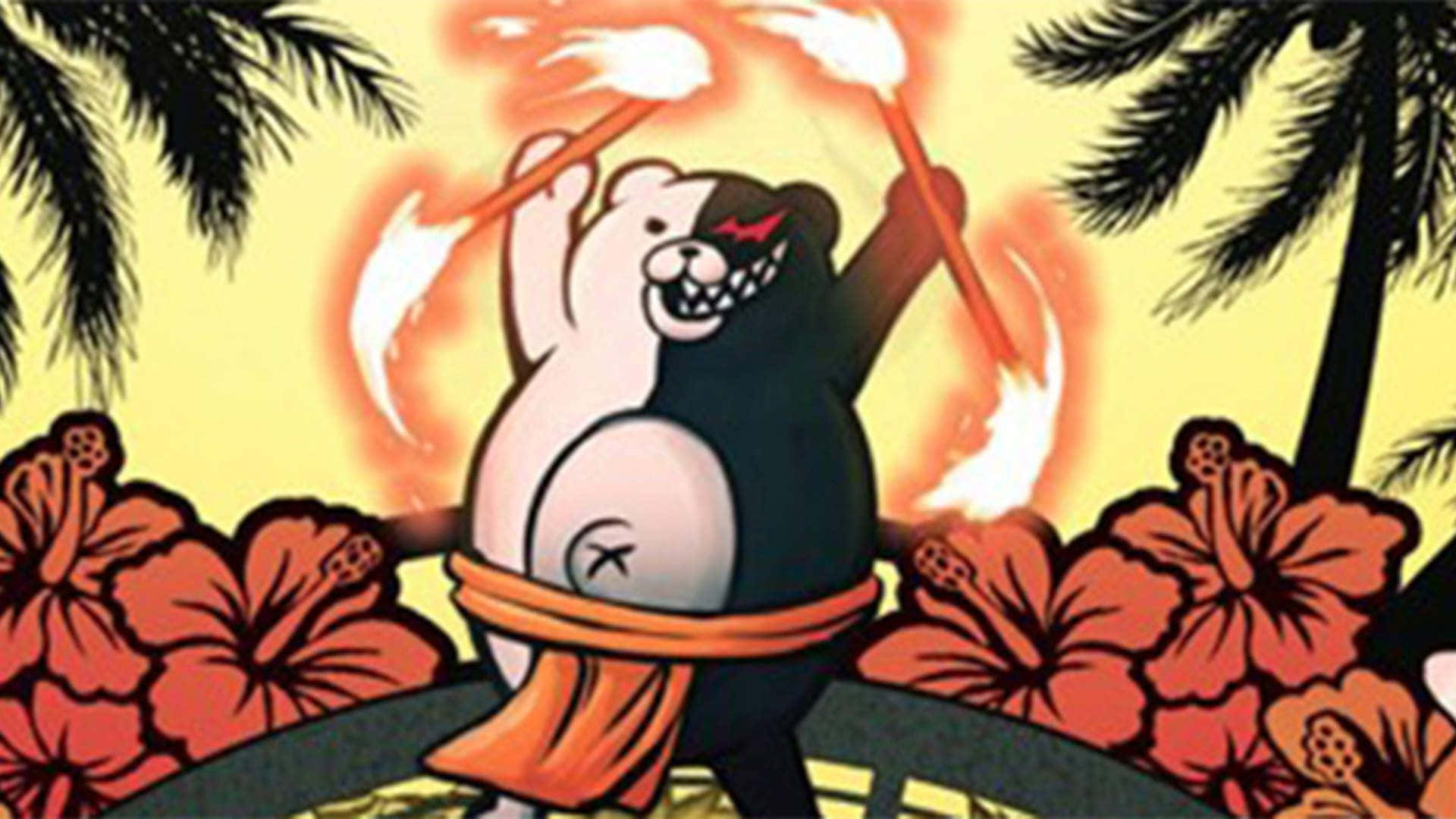 Danganronpa 2 Goodbye Despair, cartoon bear, flaming torches, Full HD Desktop Wallpaper