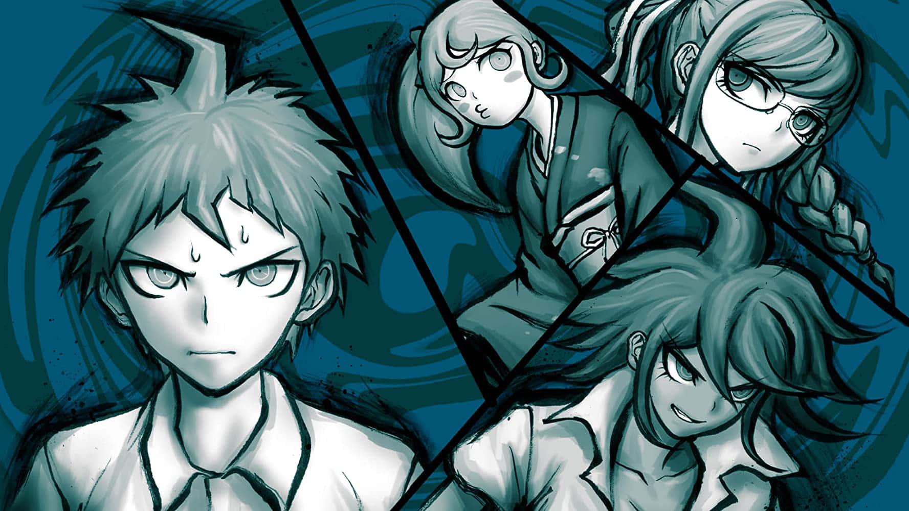 Danganronpa 2 Goodbye Despair, teal background, jagged lines, HD Desktop Wallpaper