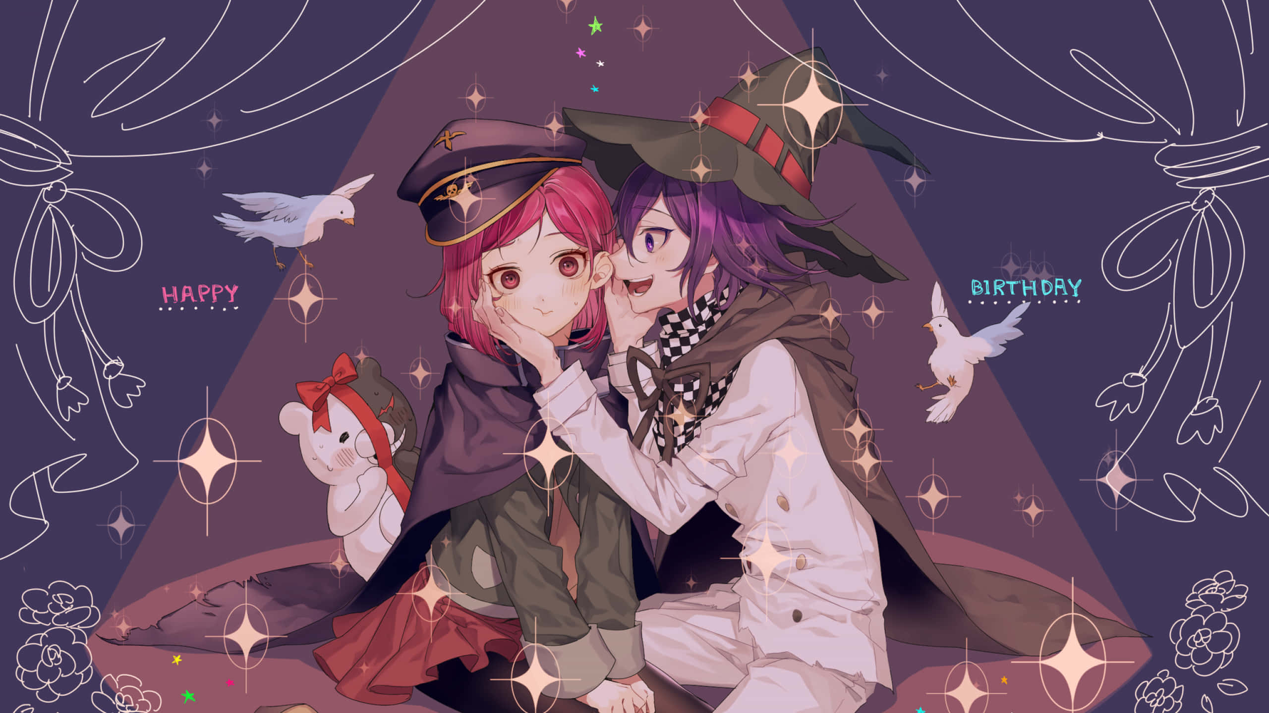 Danganronpa PFP, starry purple sky, white doves, 2K Desktop Wallpaper