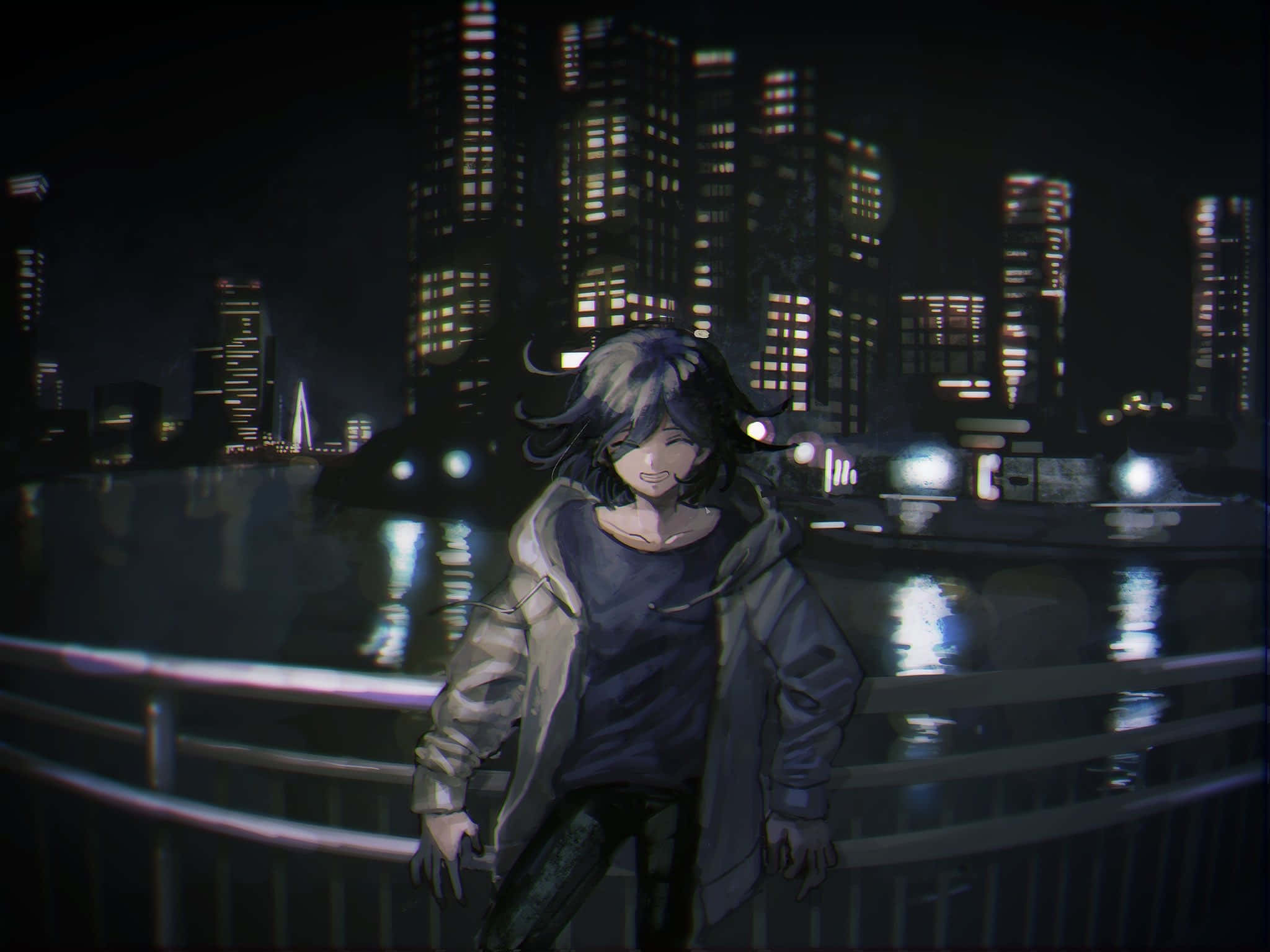 Danganronpa V3, neon-lit cityscape, night, Full HD Desktop Wallpaper