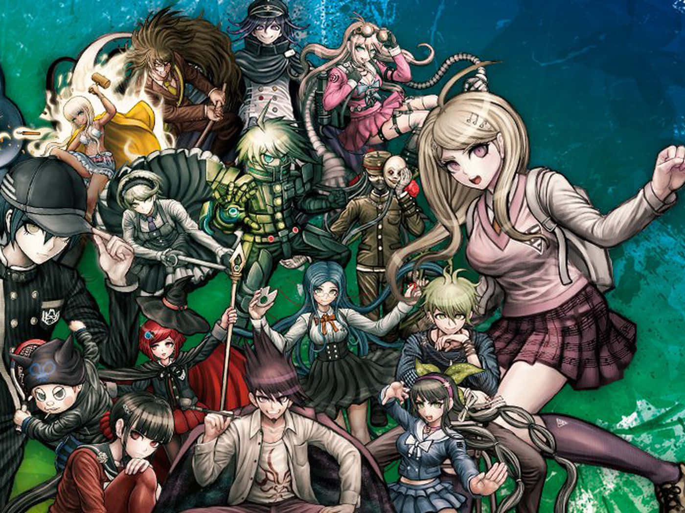 Danganronpa V3, teal textured background, school uniforms, HD Desktop Wallpaper