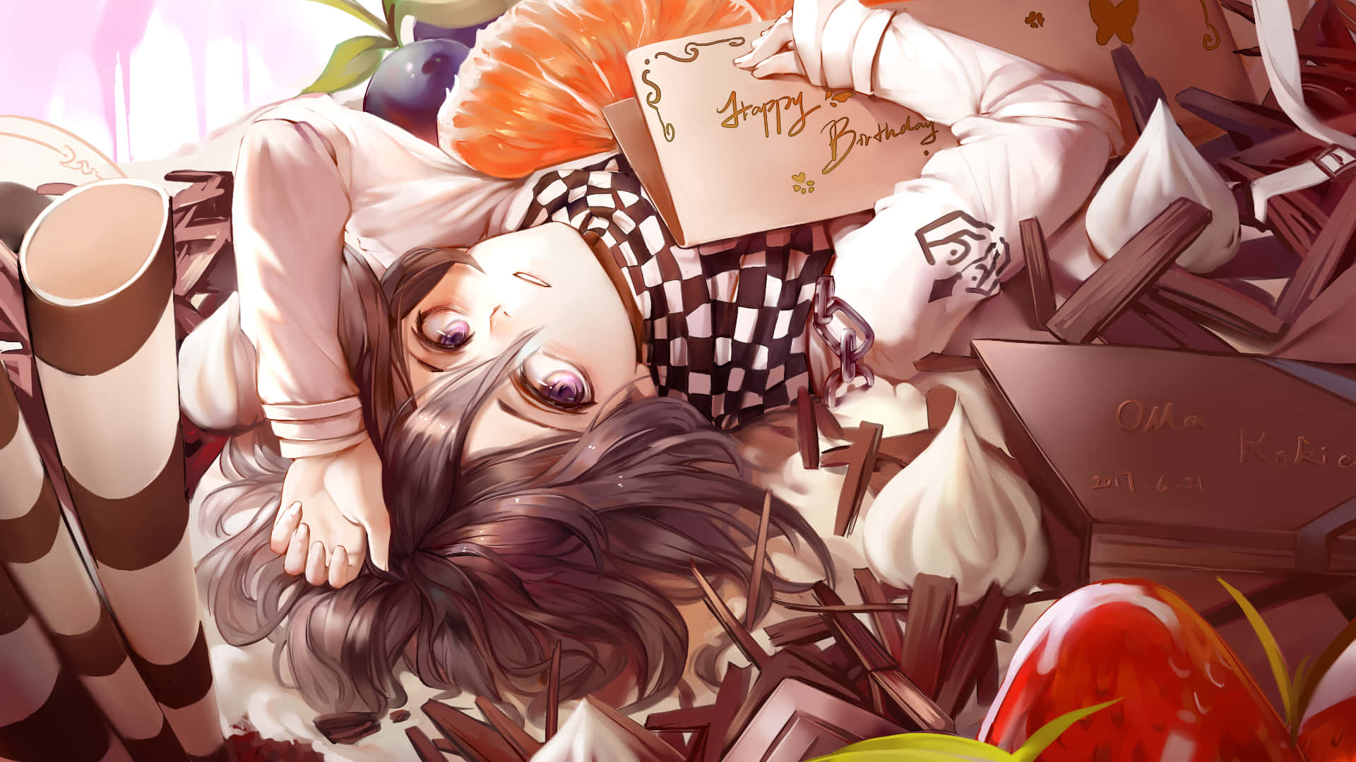 Danganronpa V3, purple eyes, chocolate treats, Full HD Desktop Wallpaper