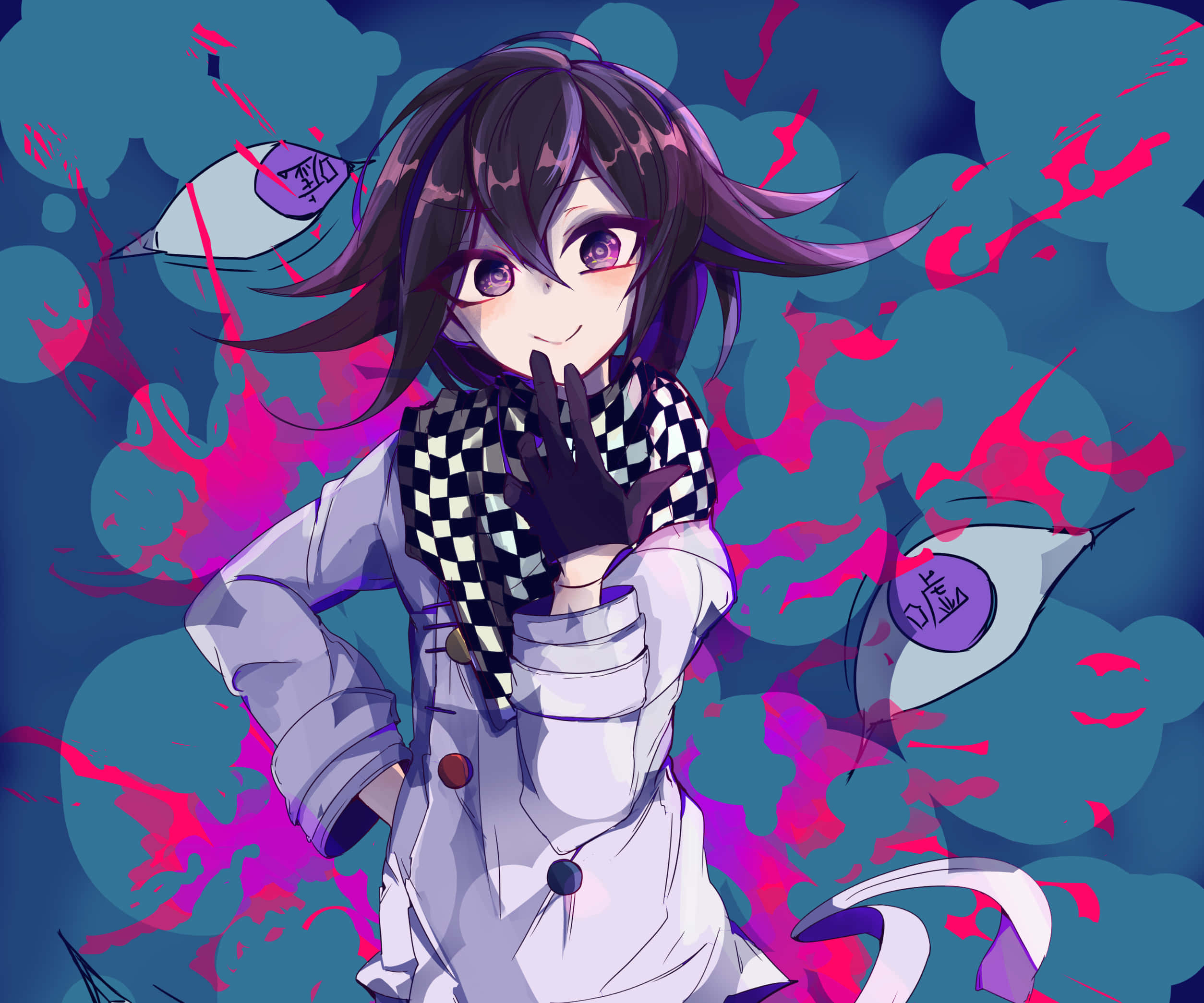 Danganronpa V3, black hair, purple eyes, Full HD Desktop Wallpaper