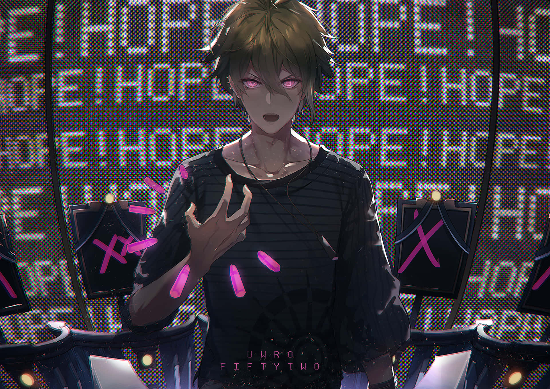 Danganronpa V3, glowing pink eyes, high-tech room, Full HD Desktop Wallpaper