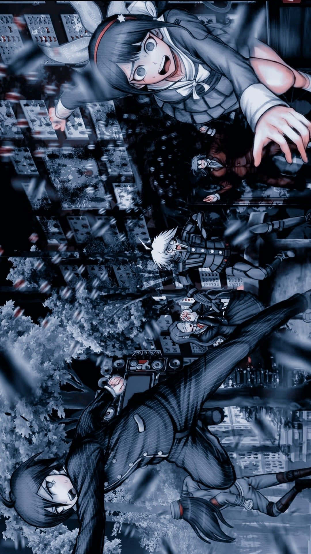 Danganronpa V3, school uniforms, shattered digital cityscape, Full HD Phone Wallpaper