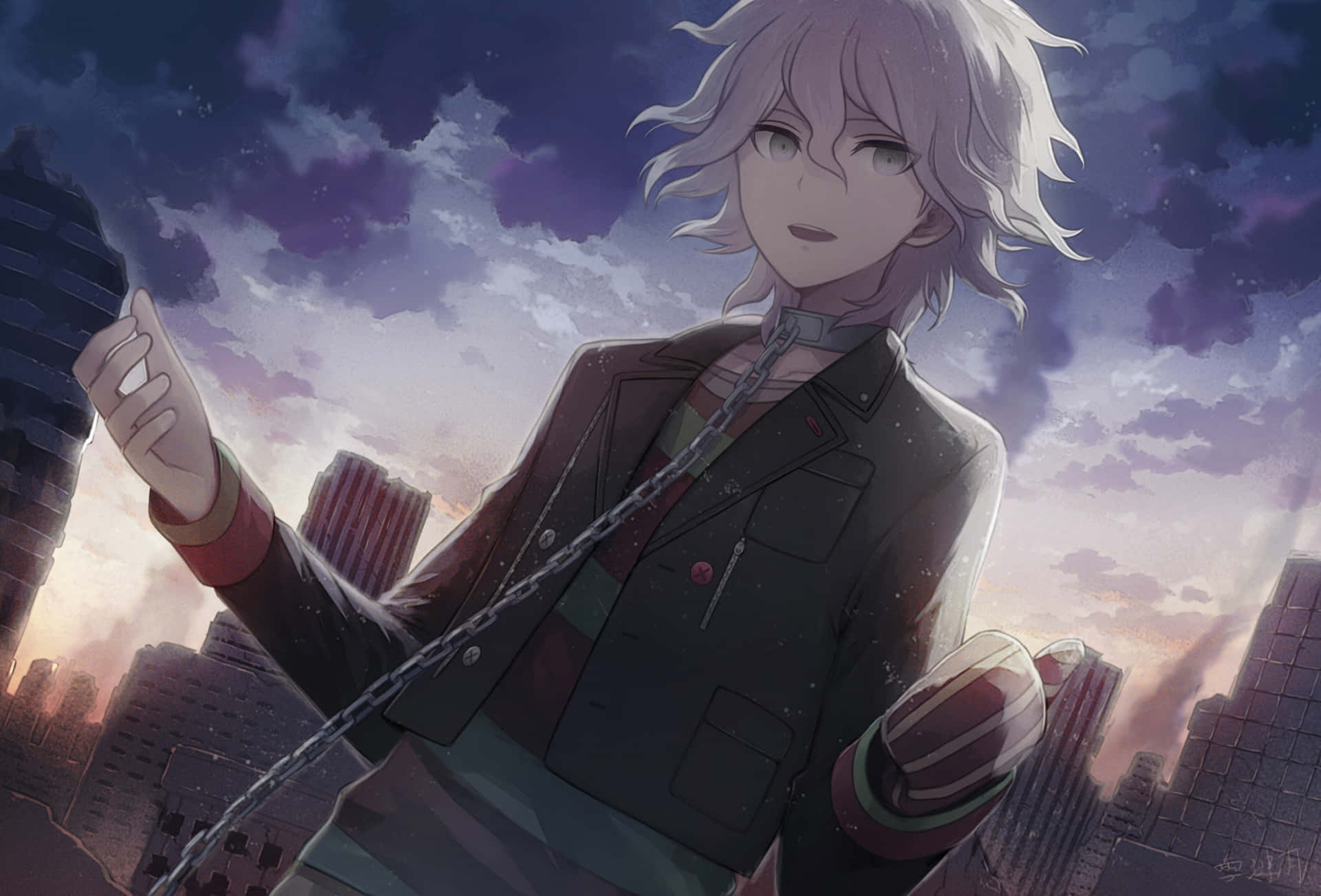 Danganronpa, silver-haired anime character, dark jacket, Full HD Desktop Wallpaper