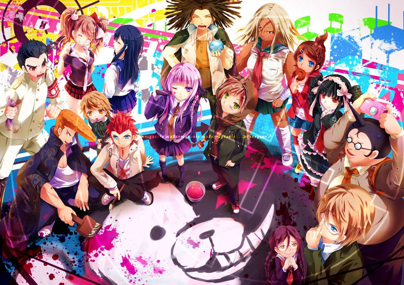 Danganronpa, giant smiling skull, paint splatters, HD Desktop Wallpaper