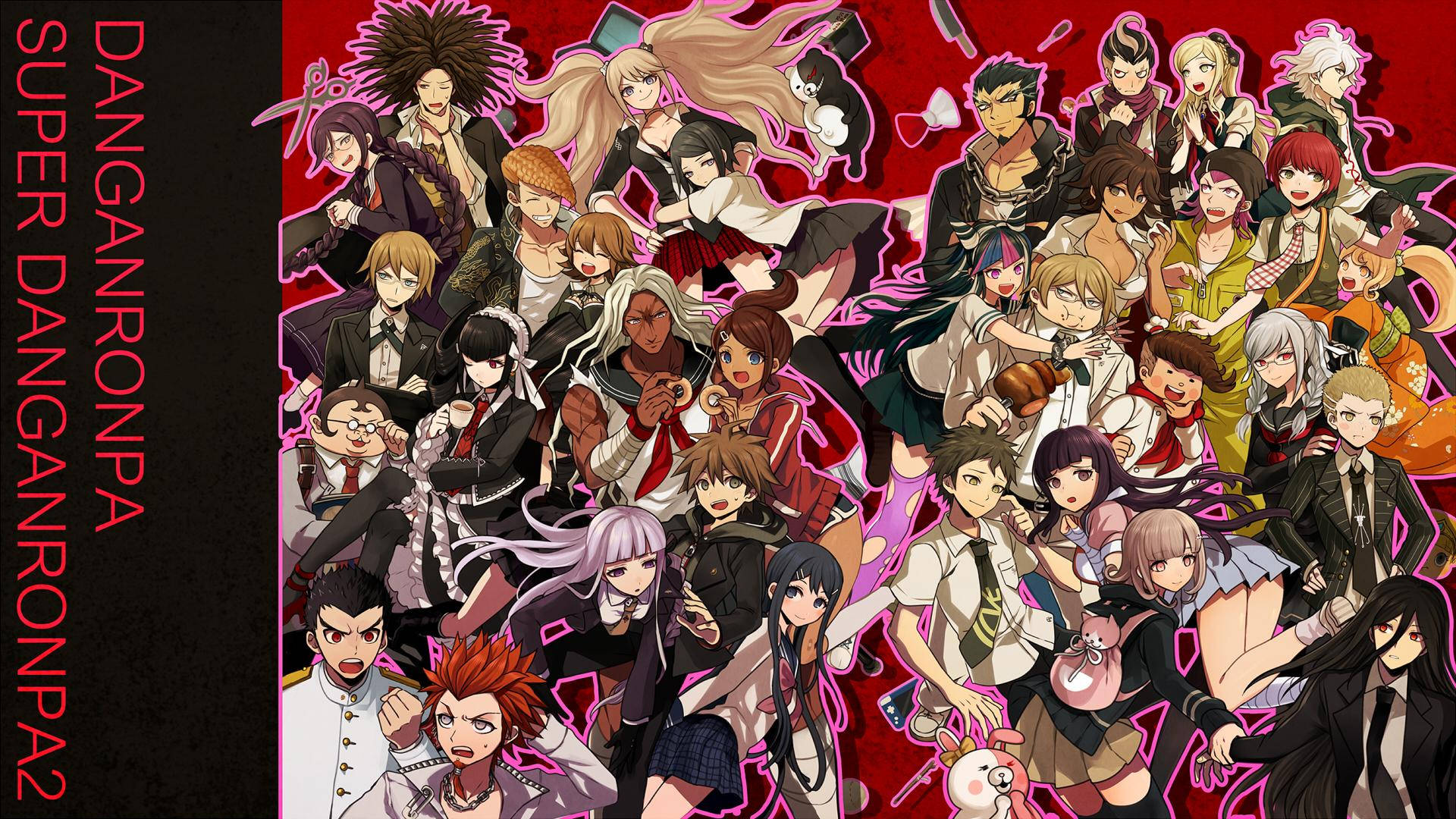Danganronpa 2, Danganronpa, red background, Full HD Desktop Wallpaper