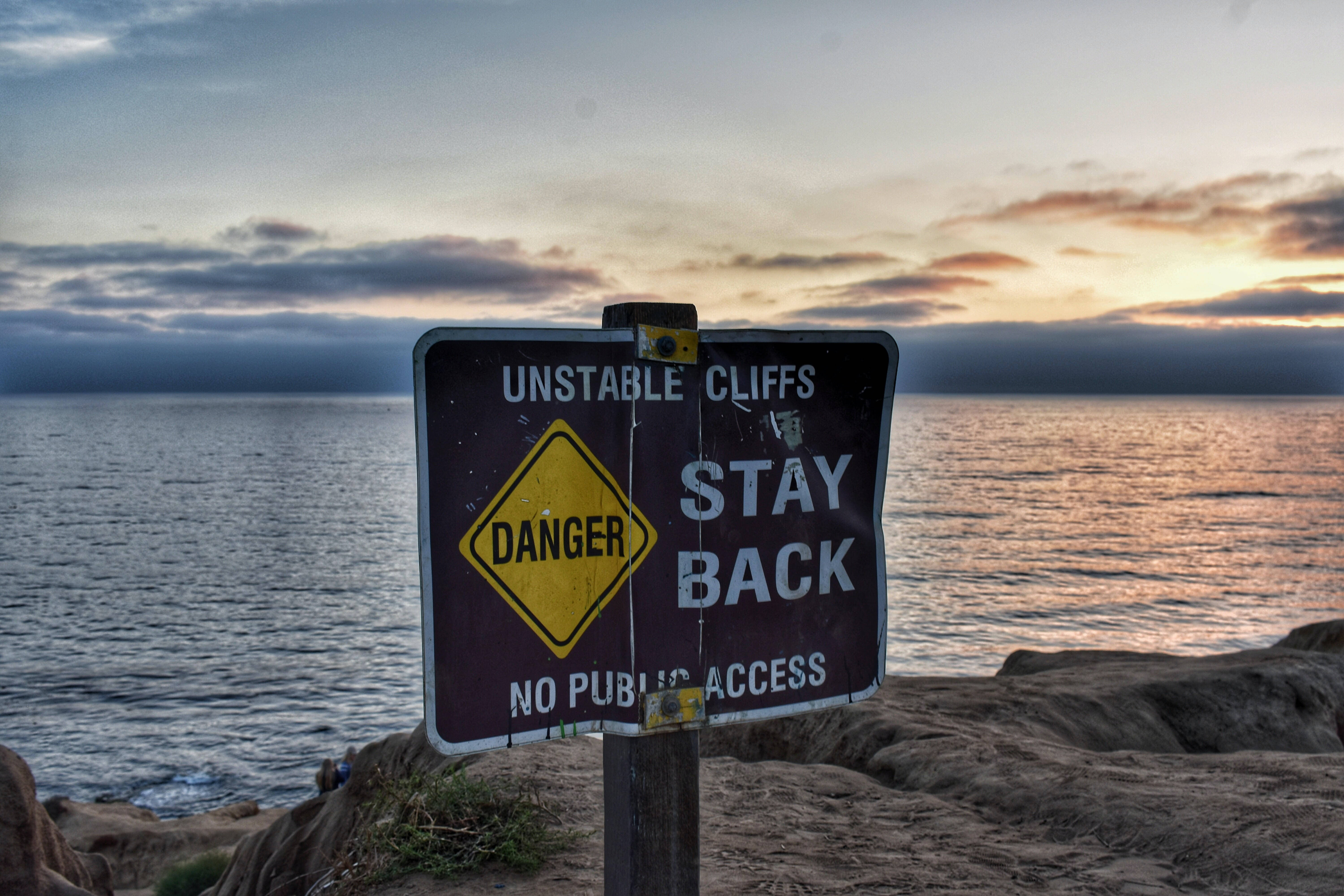 UNSTABLE CLIFFS STAY BACK NO PUBLIC ACCESS, sunset, ocean, 5K Desktop Wallpaper