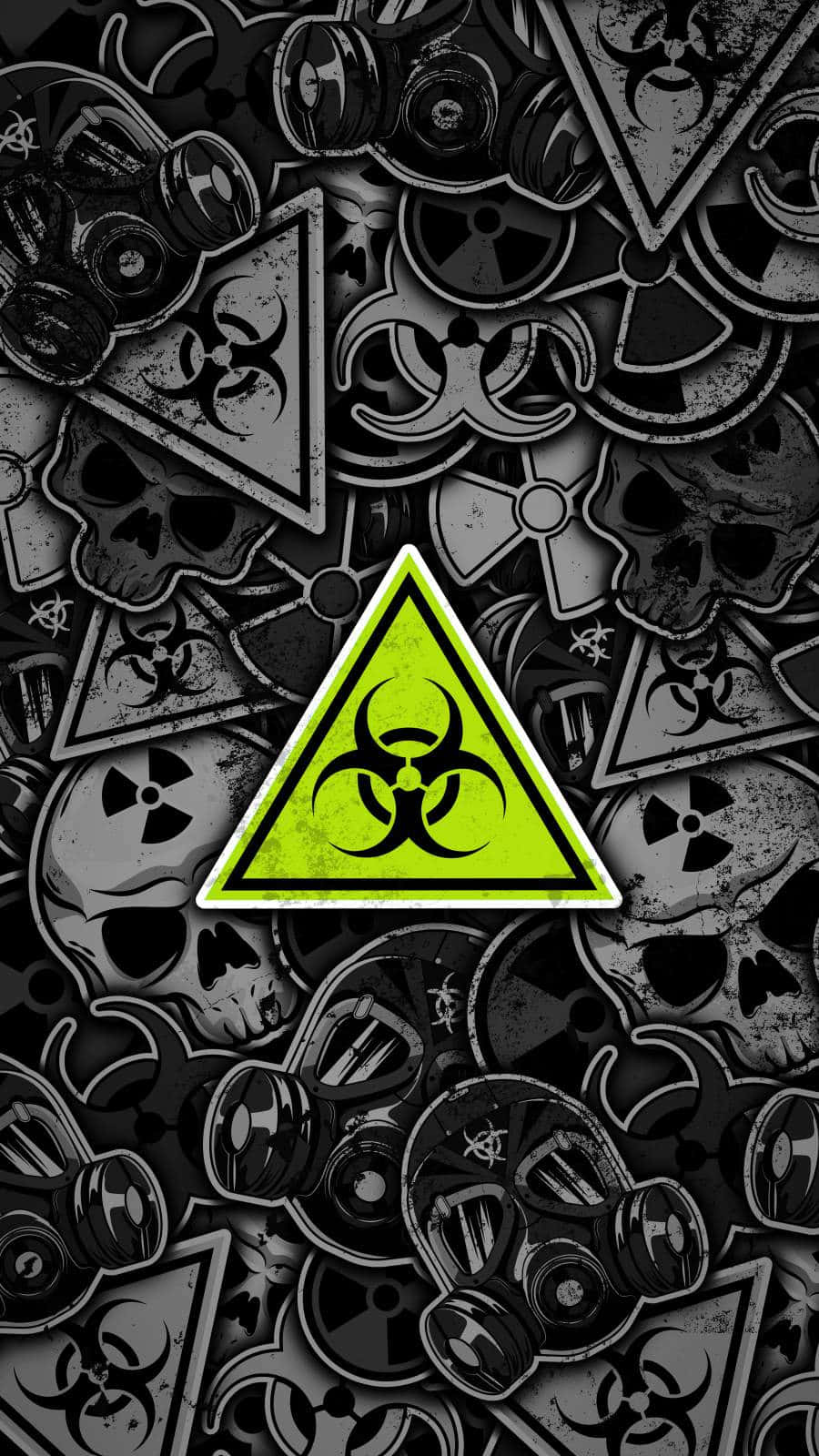 lime green biohazard triangle, black and white collage, skulls, HD Phone Wallpaper