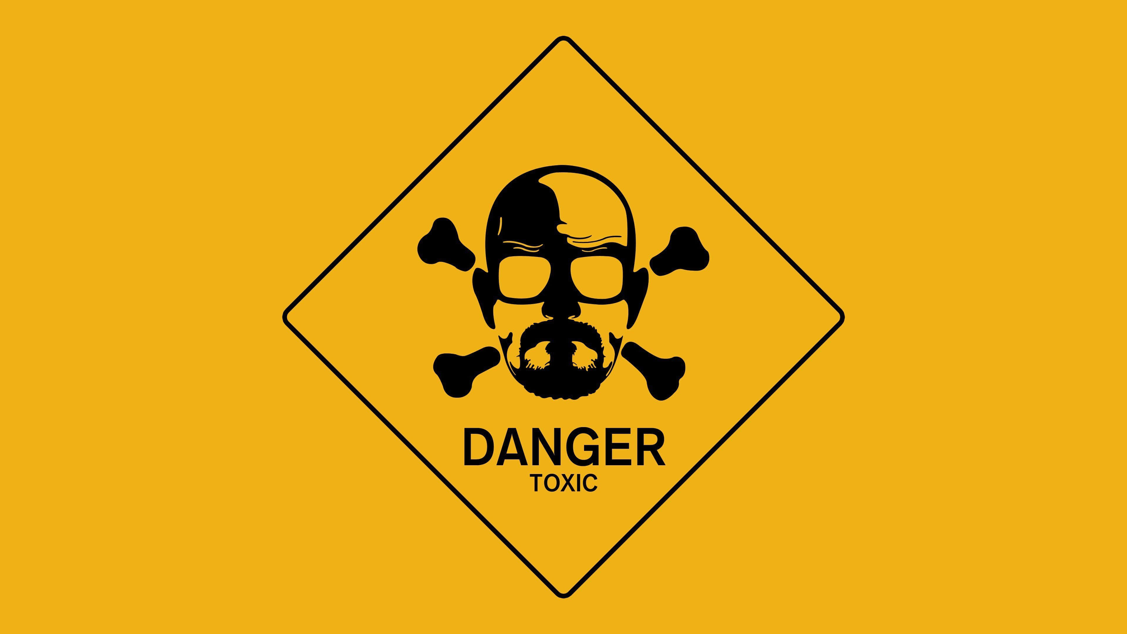 Toxic Danger Warning Sign, yellow diamond, black skull with glasses, 4K Desktop Wallpaper