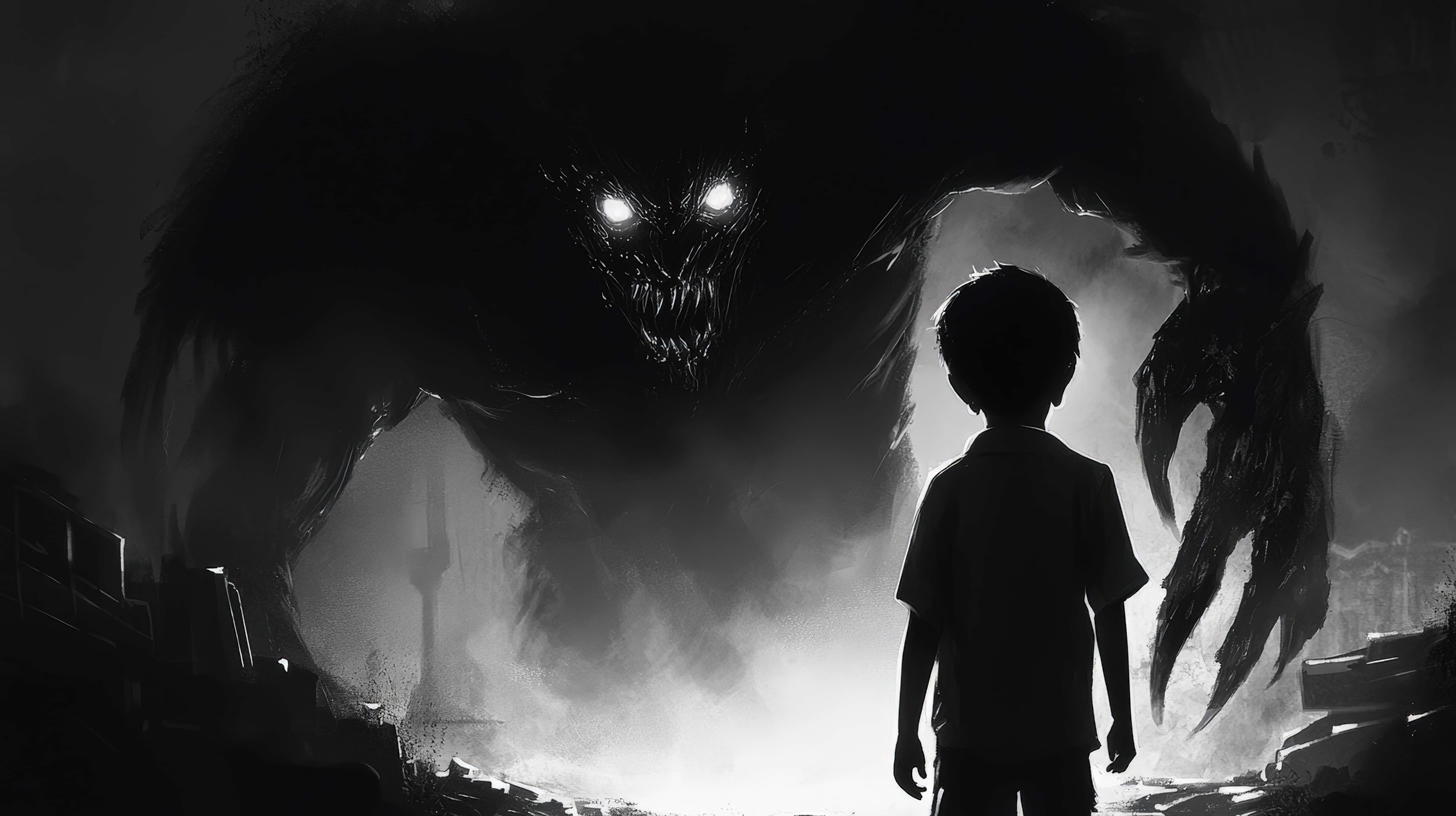child, shadowy monster, glowing eyes, 8K Desktop Wallpaper