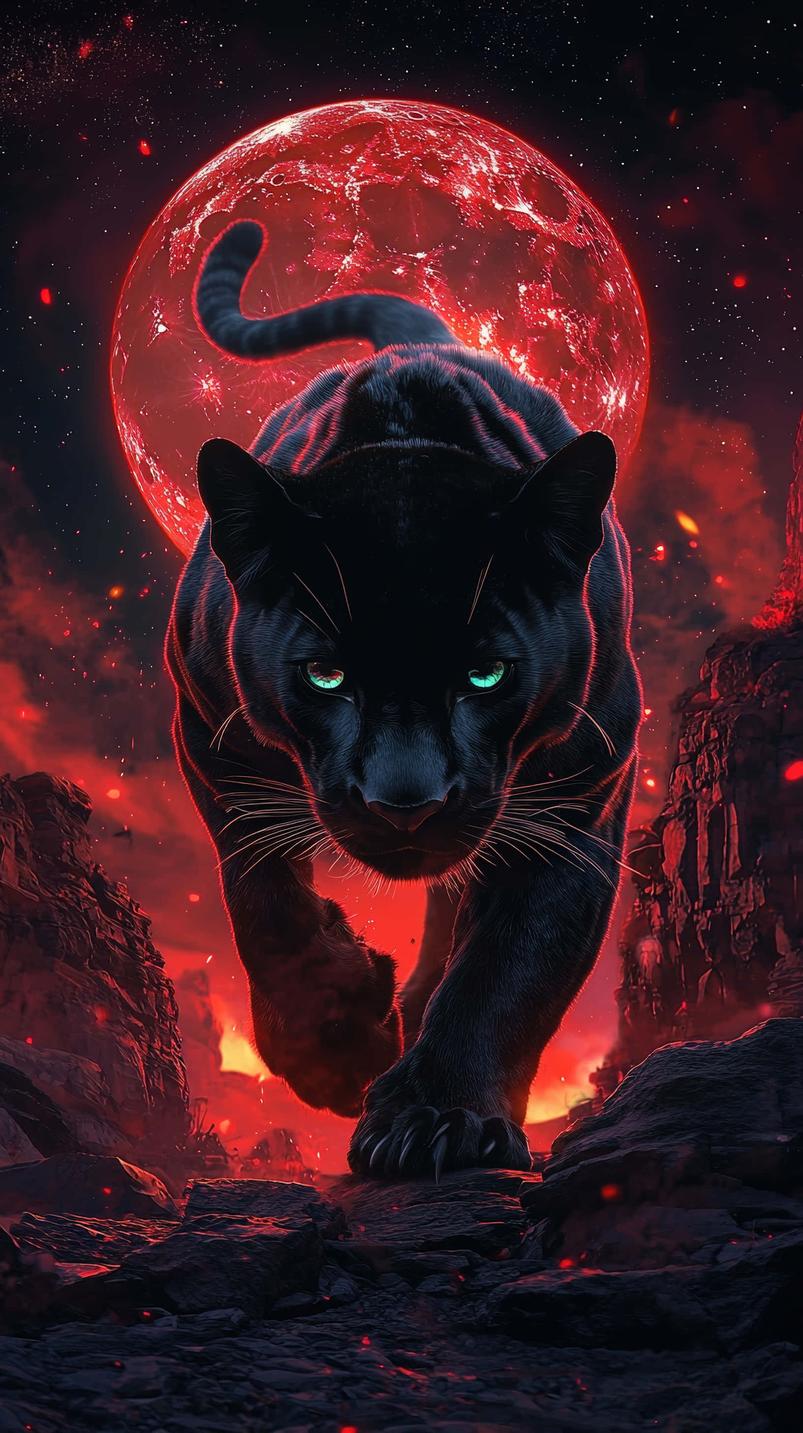 black panther, glowing green eyes, fiery red moonlit canyon, 2K Phone Wallpaper